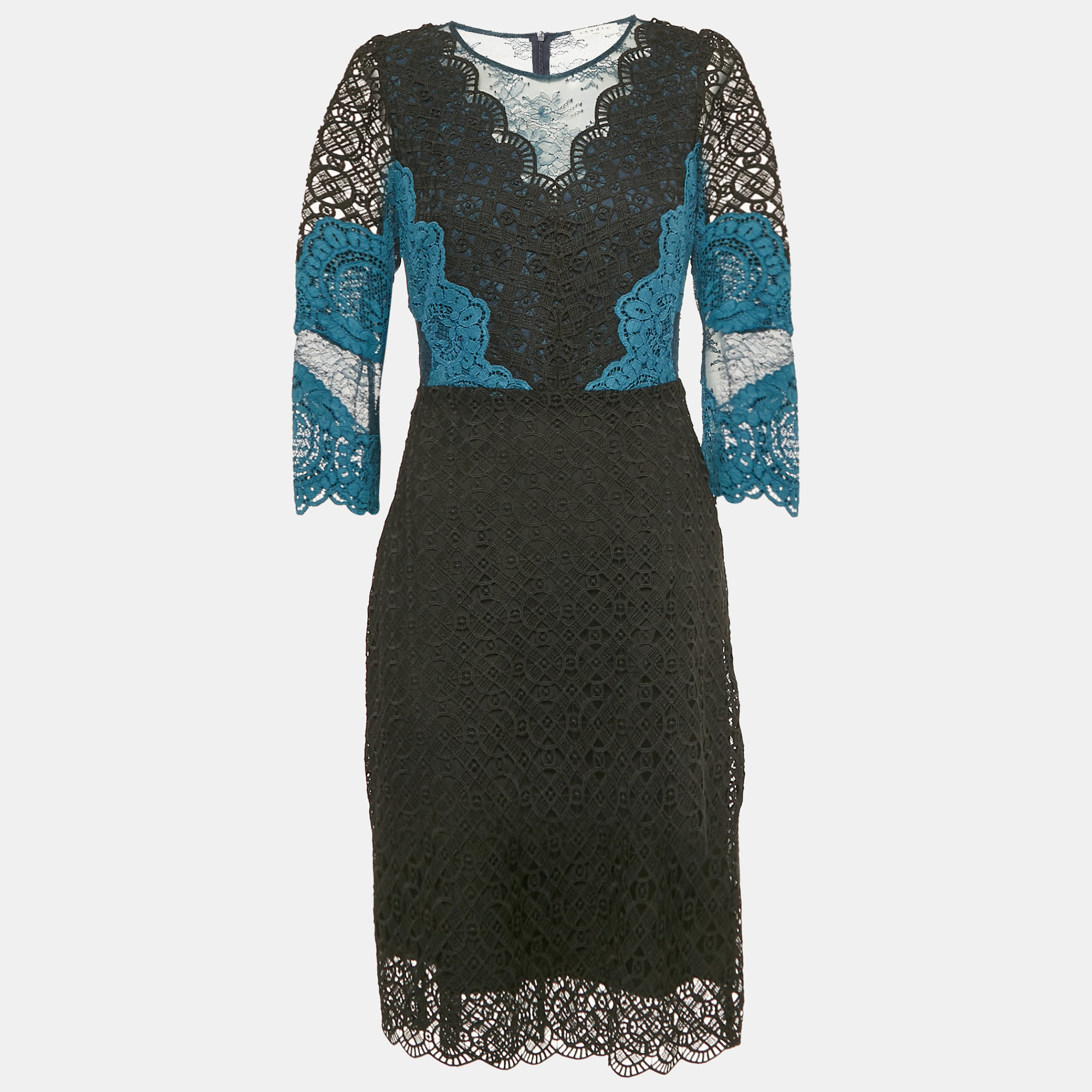 Pre-owned Sandro Teal/black Lace Midi Dress L