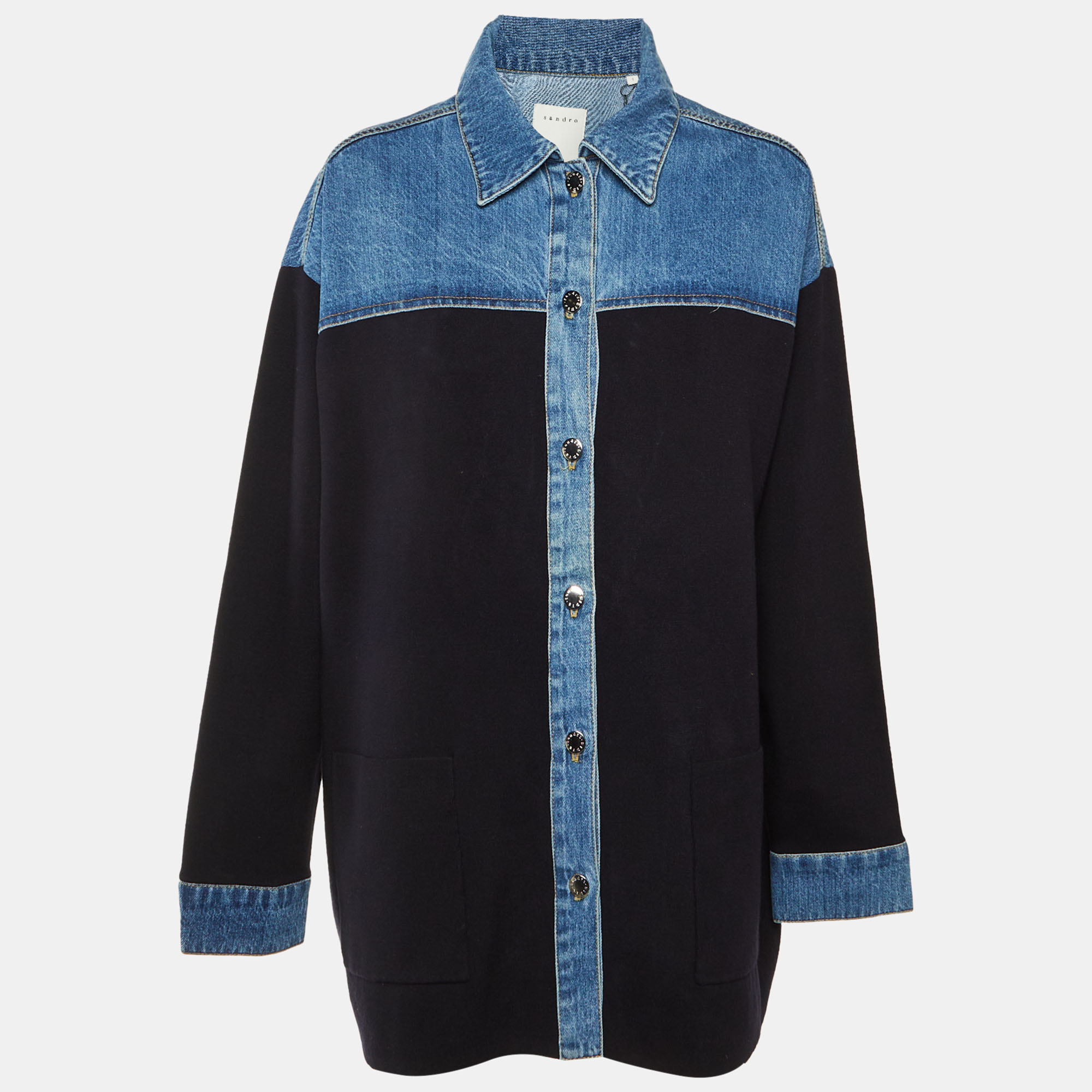 

Sandro Blue Denim & Knit Gwenaelle Button Front Jacket L