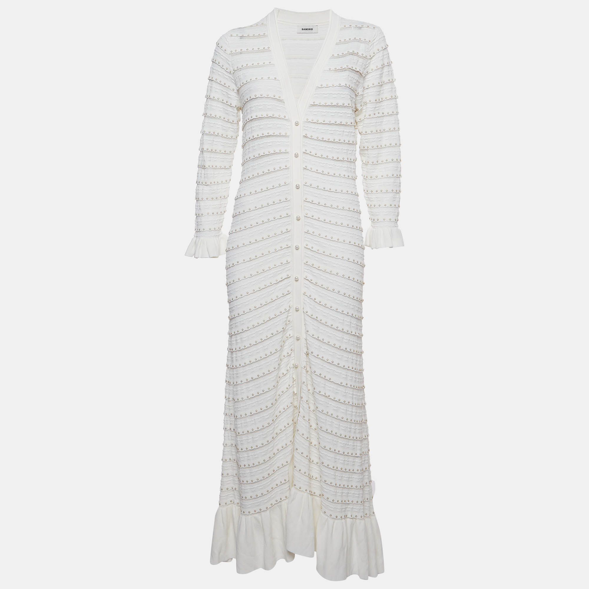 

Sandro White Stud Embellished Knit Ruffled Hem Maxi Dress M
