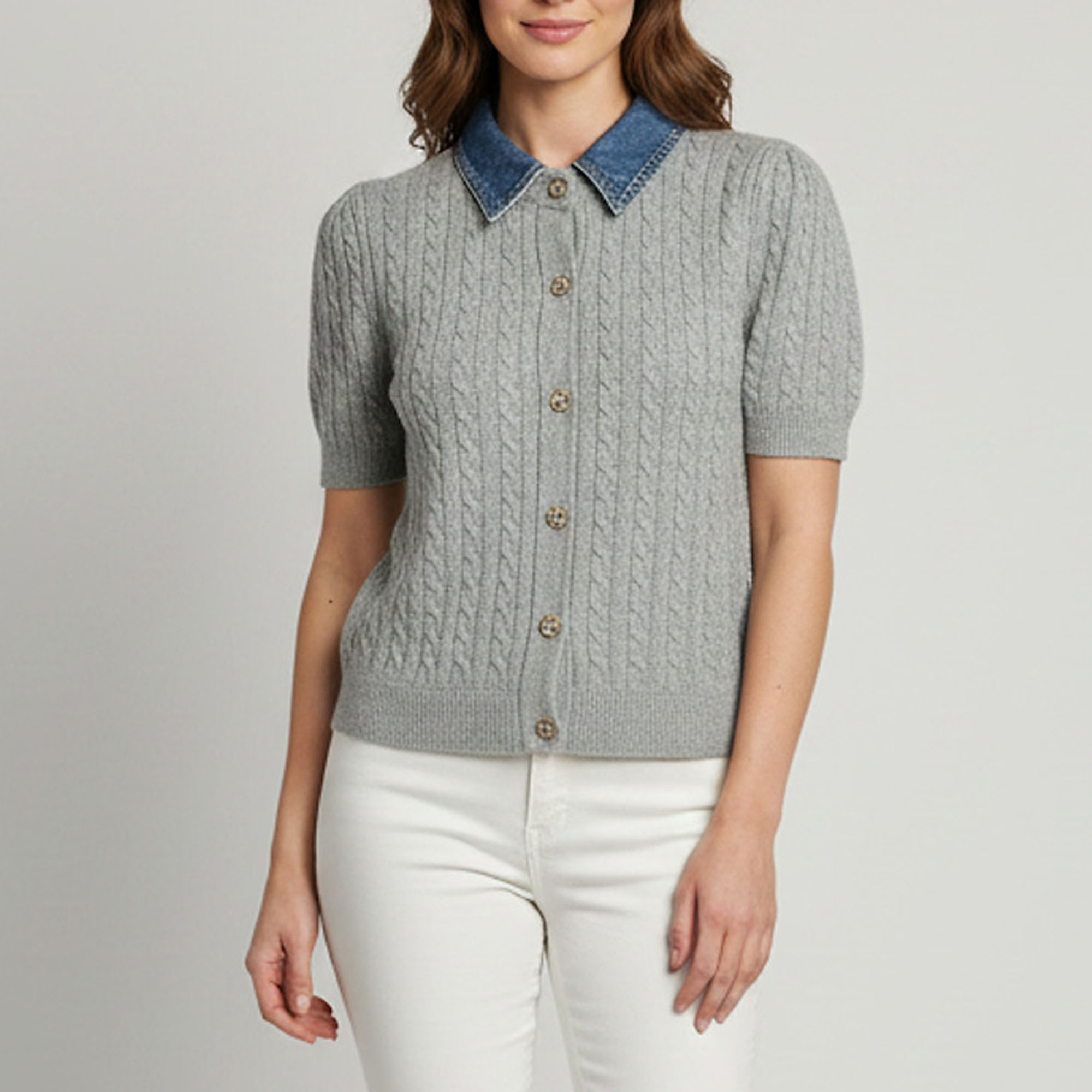 

Sandro Denim Collar Grey Cable Knit Cardigan S