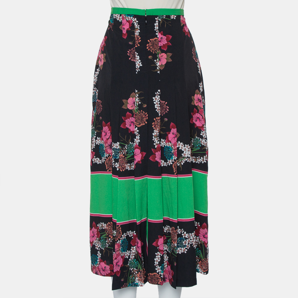 Pre-owned Sandro Black & Green Printed Chiffon Pleated Midi Skirt L