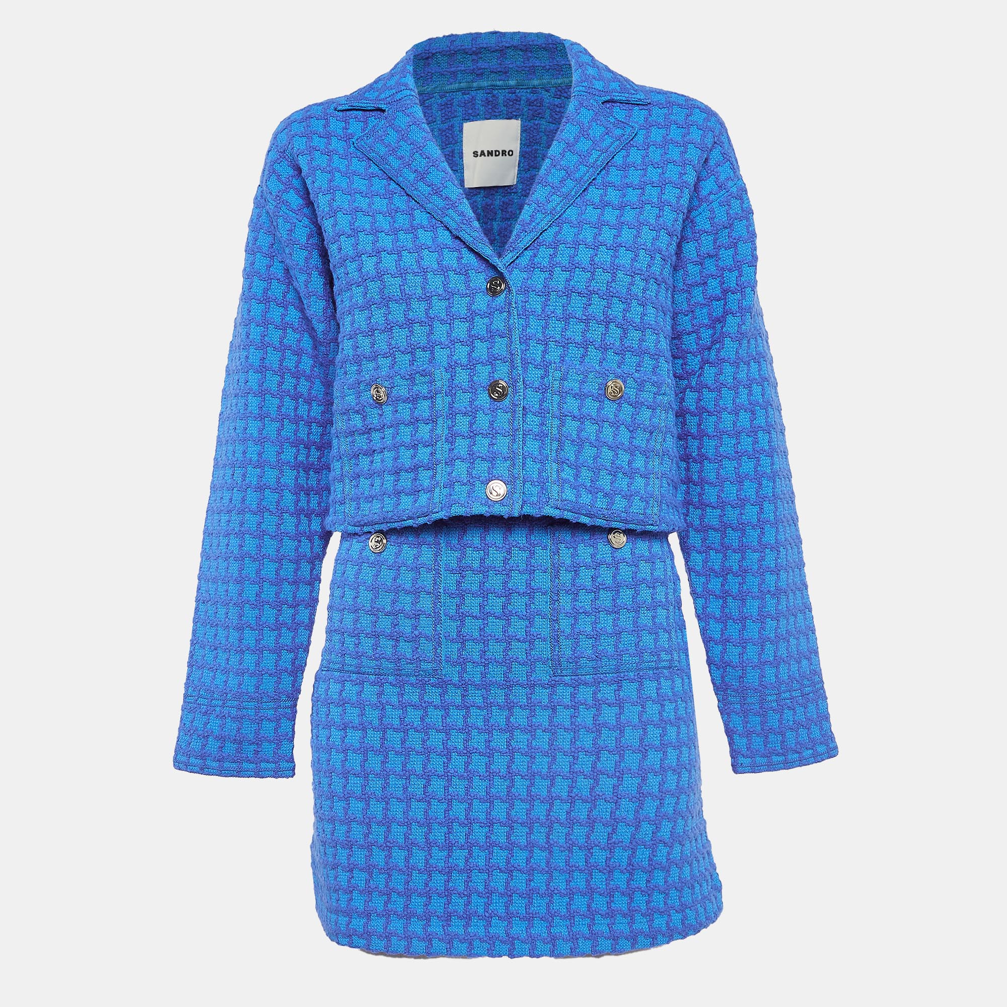 Pre-owned Sandro Blue Checked Tweed Blazer And Skirt Set M/s