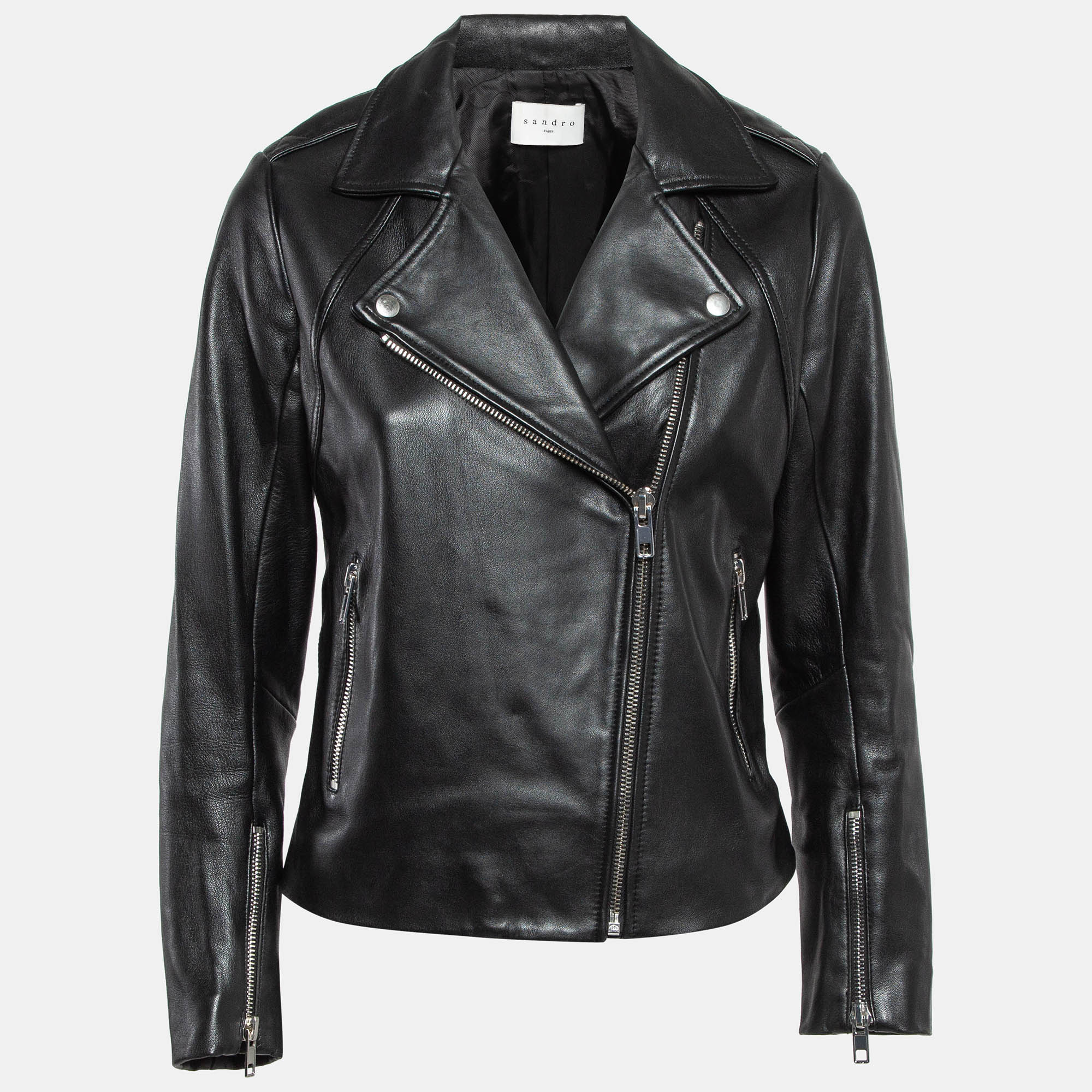 

Sandro Black Lambskin Leather Zip-Up Jacket L