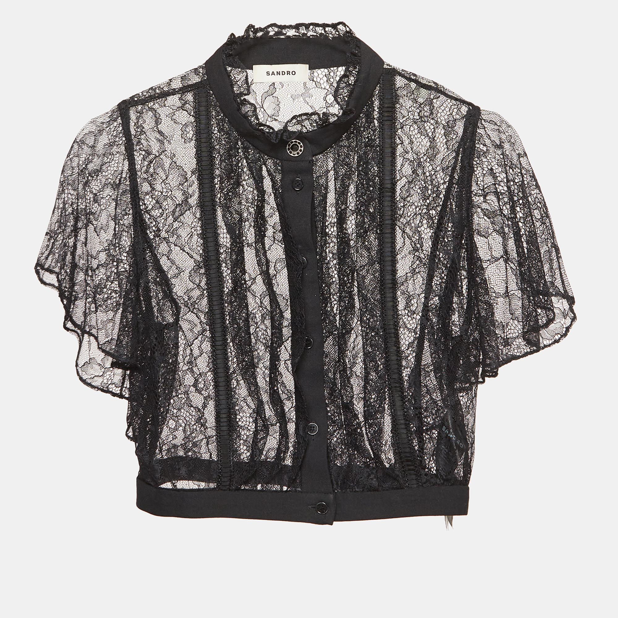 Pre-owned Sandro Black Lace Sheer Crop Top Xs