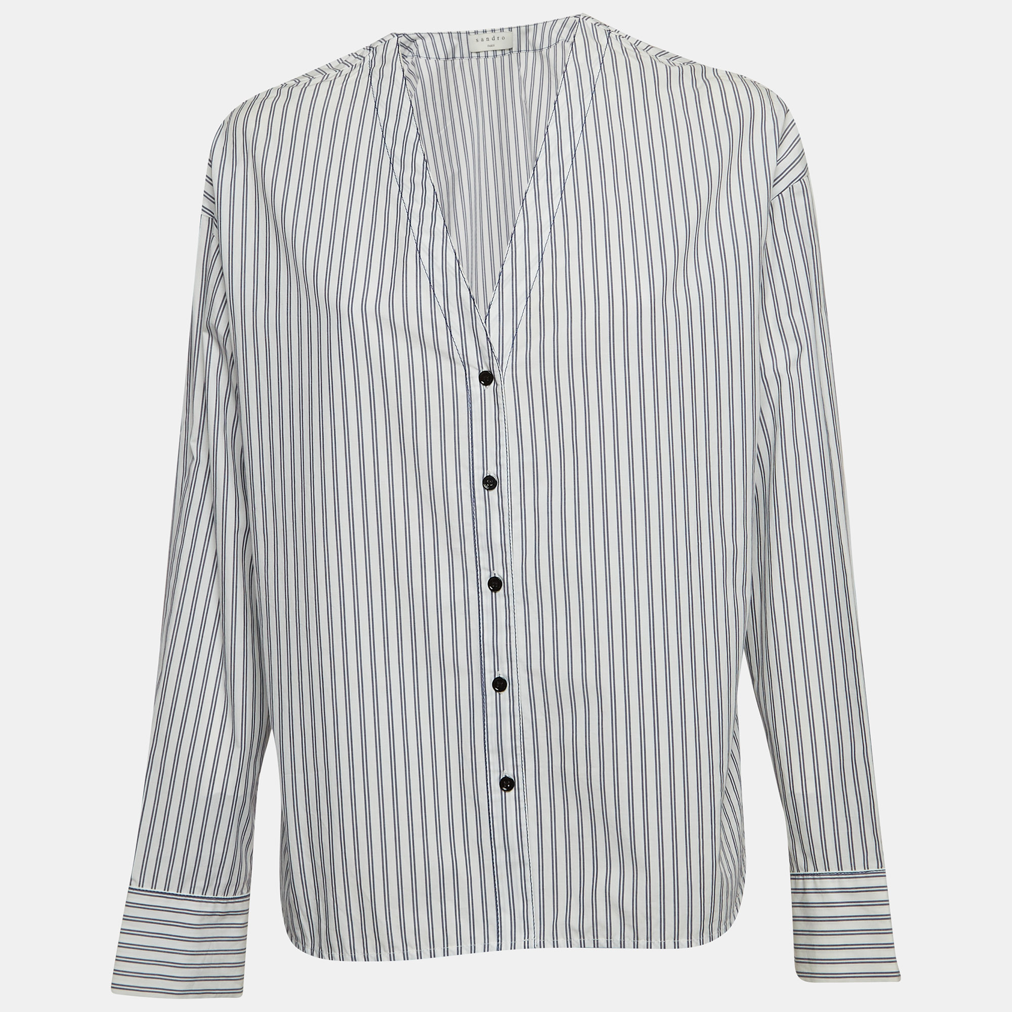 

Sandro White Pinstripe V-Neck Top L