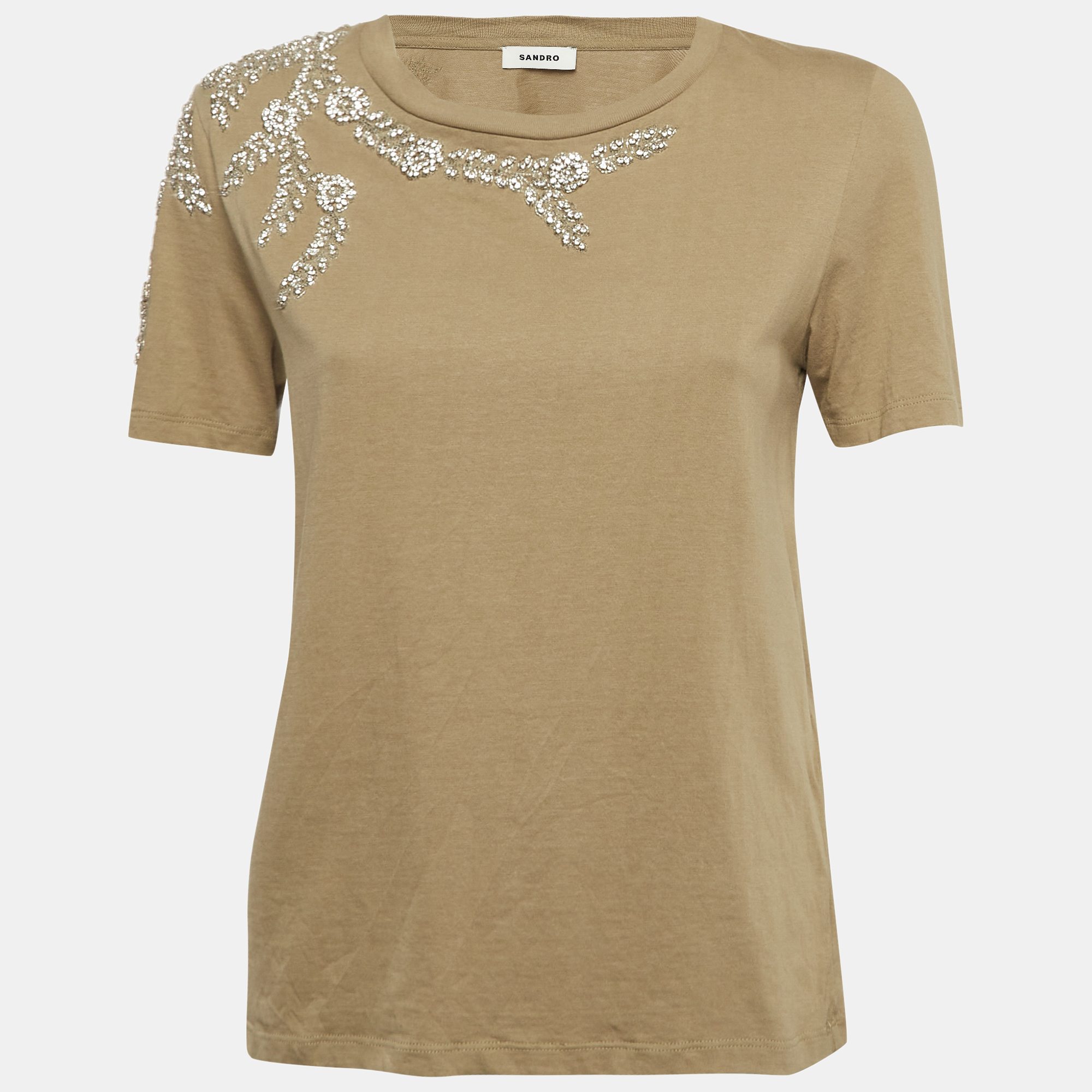 

Sandro Olive Green Rhinestone Embellished Cotton T-Shirt XS