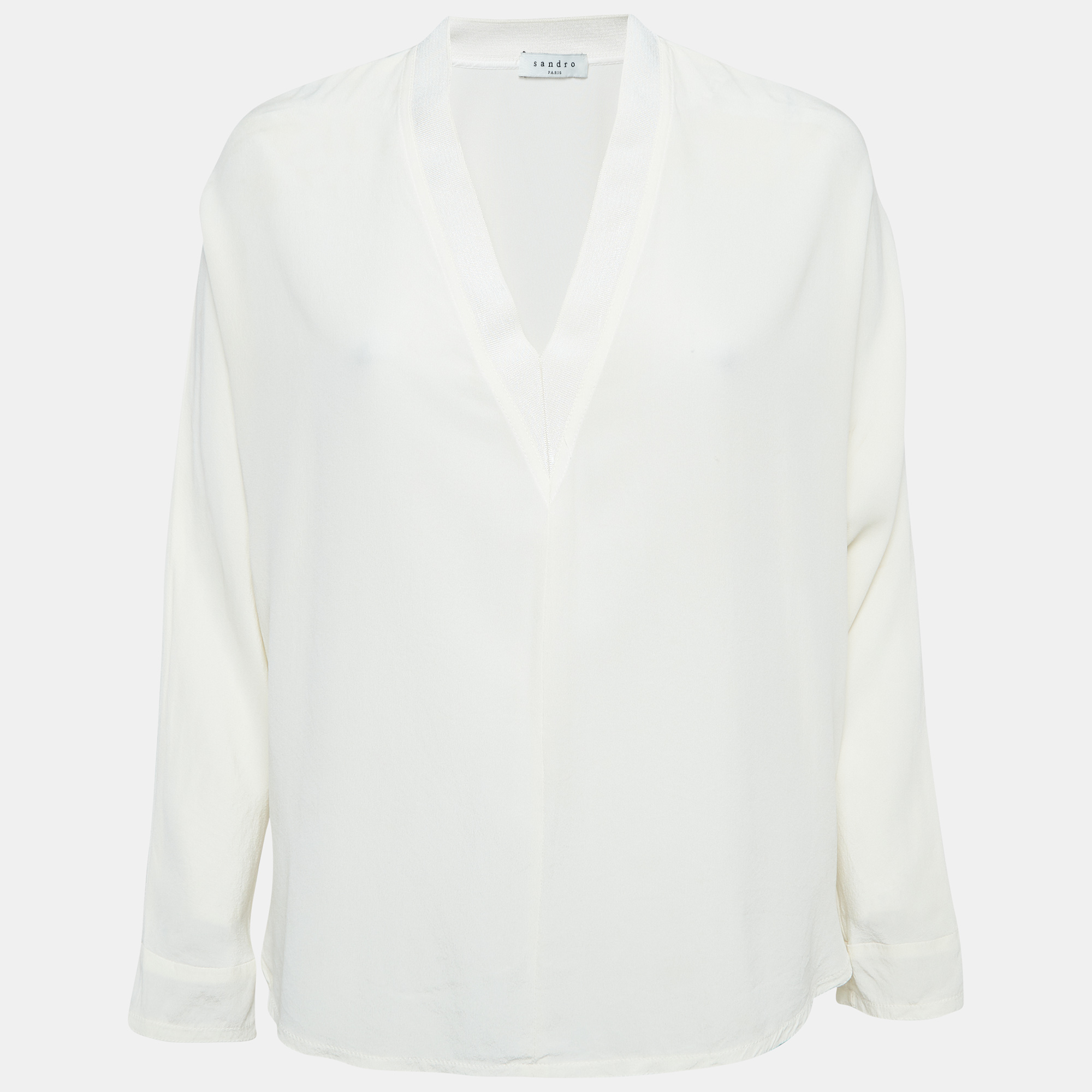 

Sandro Off White Silk Rib Trim V-Neck Blouse L