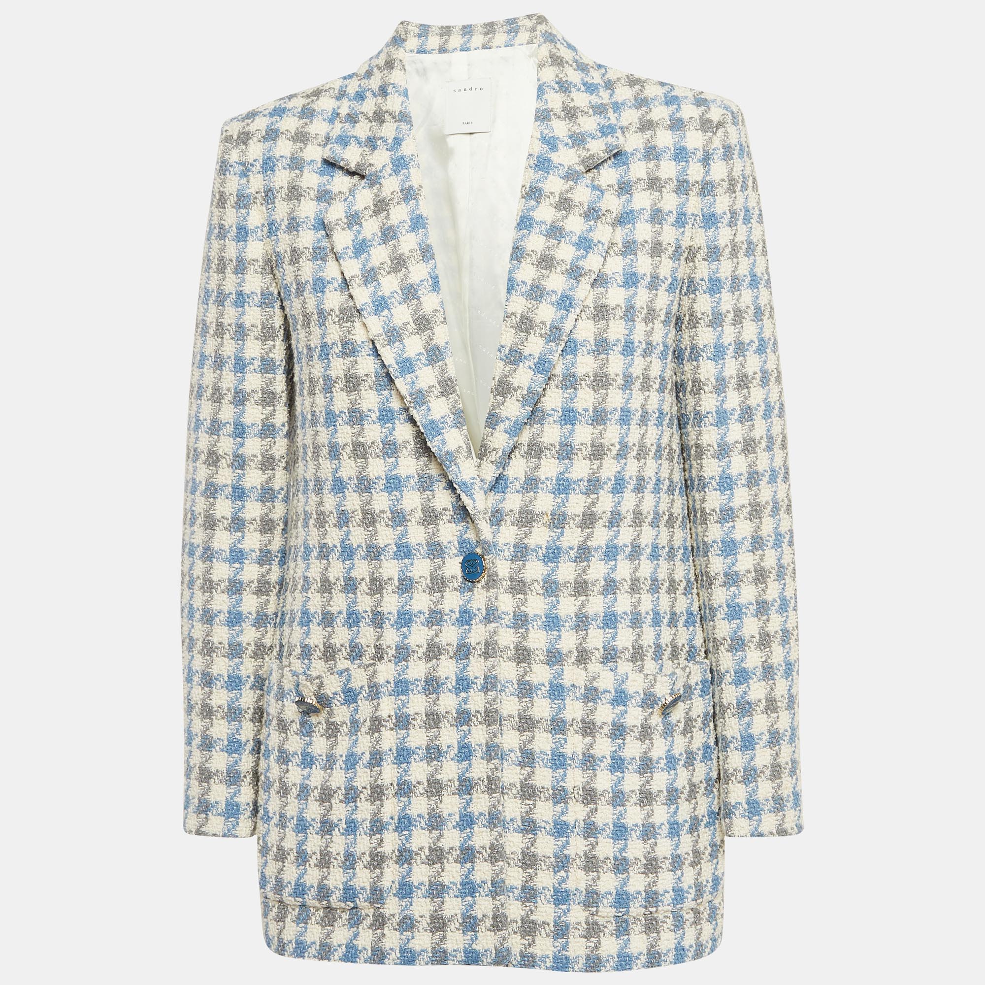 Pre-owned Sandro Blue Houndstooth Tweed Oversized Blazer S