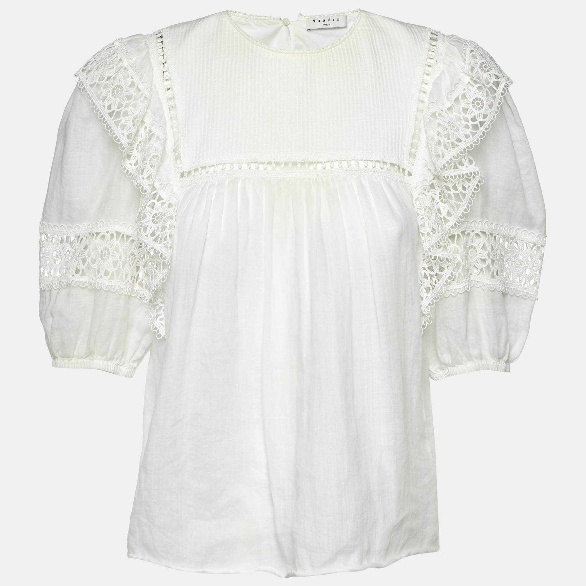 

Sandro White Ramie Lace Trim Ruffled Top L