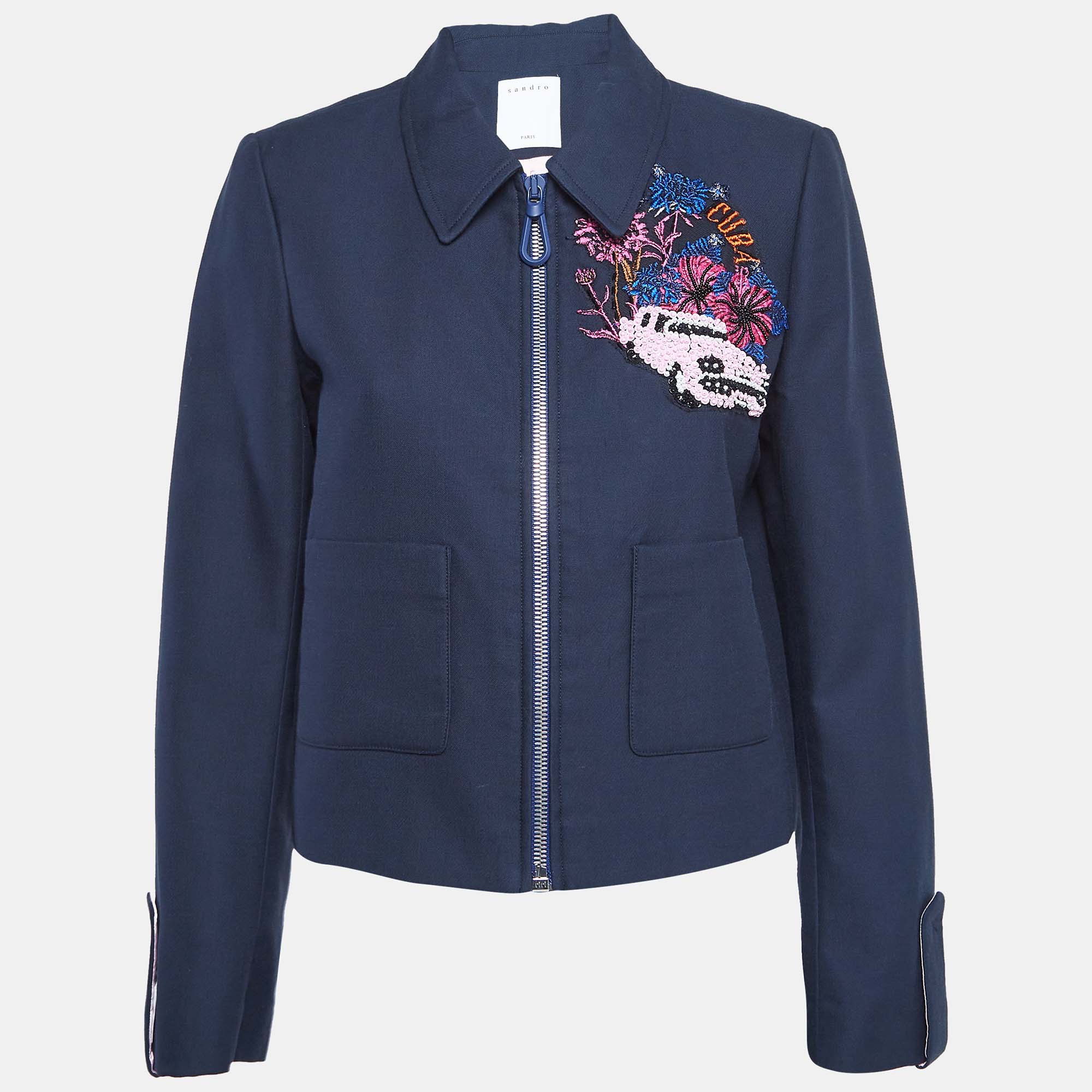 

Sandro Navy Blue Embellished Cotton Blend Zip-Up Blazer M