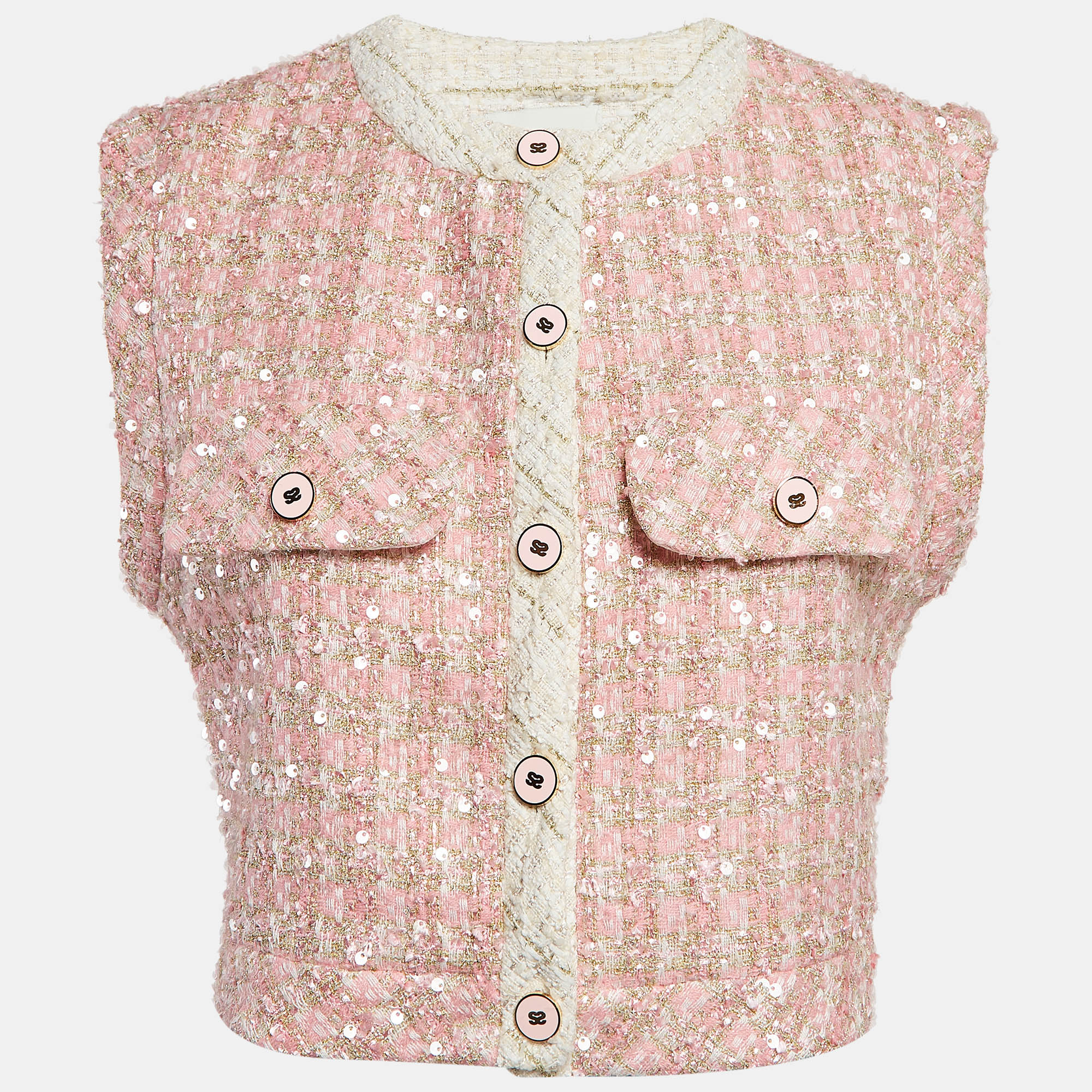 

Sandro Pink Sequin Tweed Sleeveless Crop Jacket S