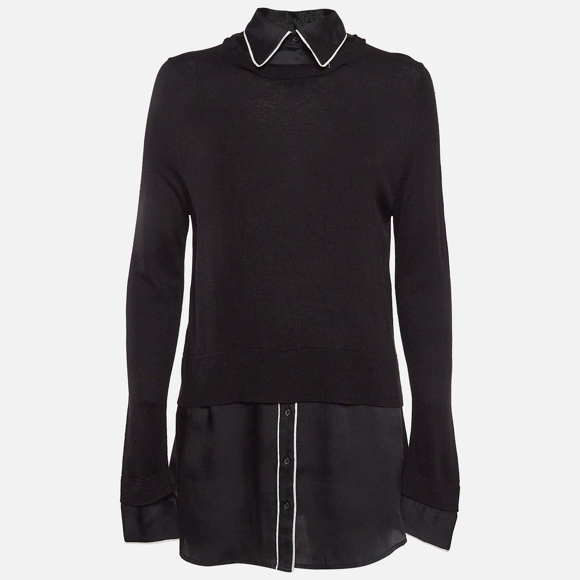 

Sandro Black Knit and Satin Detachable Collar Top M