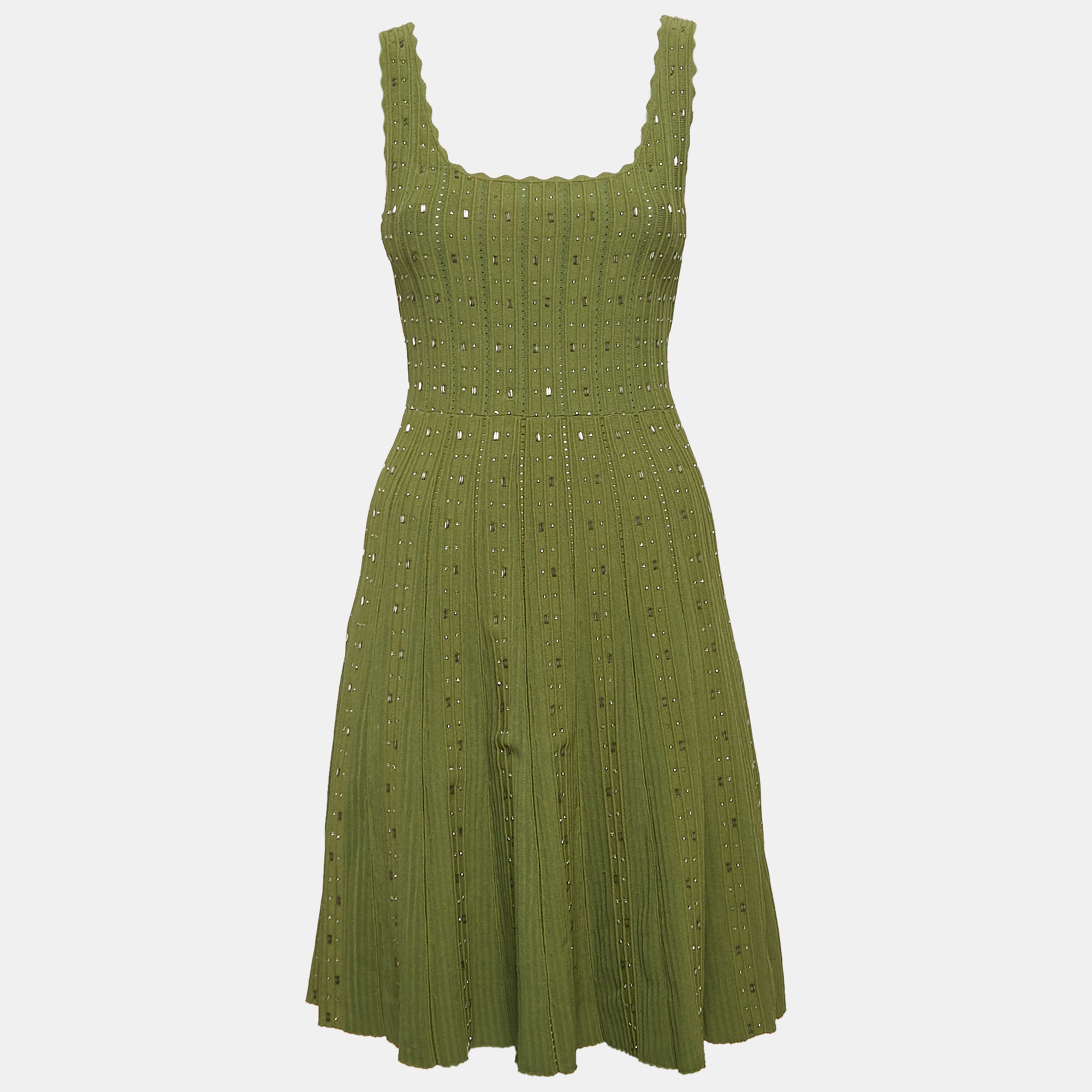 Pre-owned Sandro Green Beads Embroidered Knit Sleeveless Flared Mini Dress S