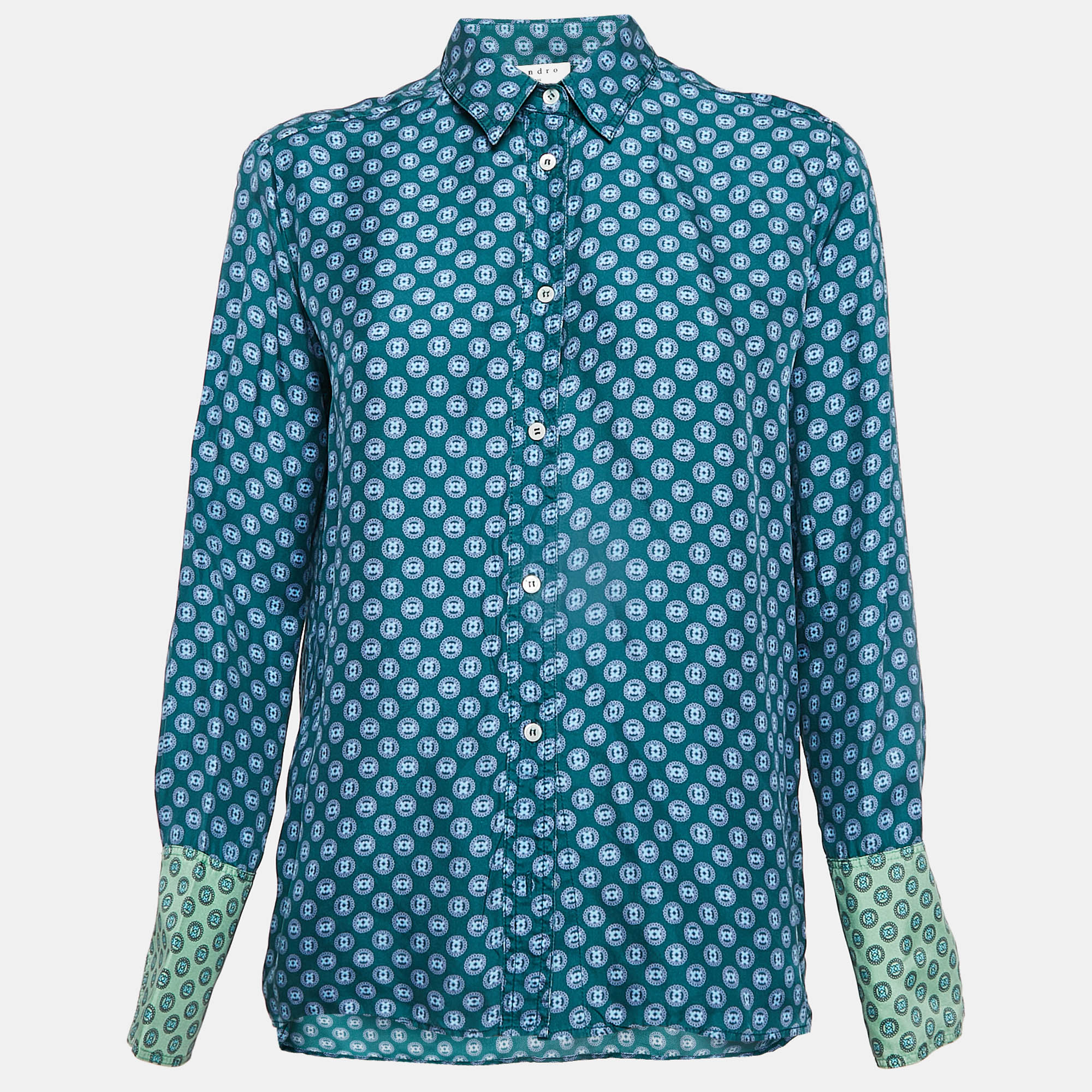 

Sandro Green Printed Crepe Button Front Shirt S