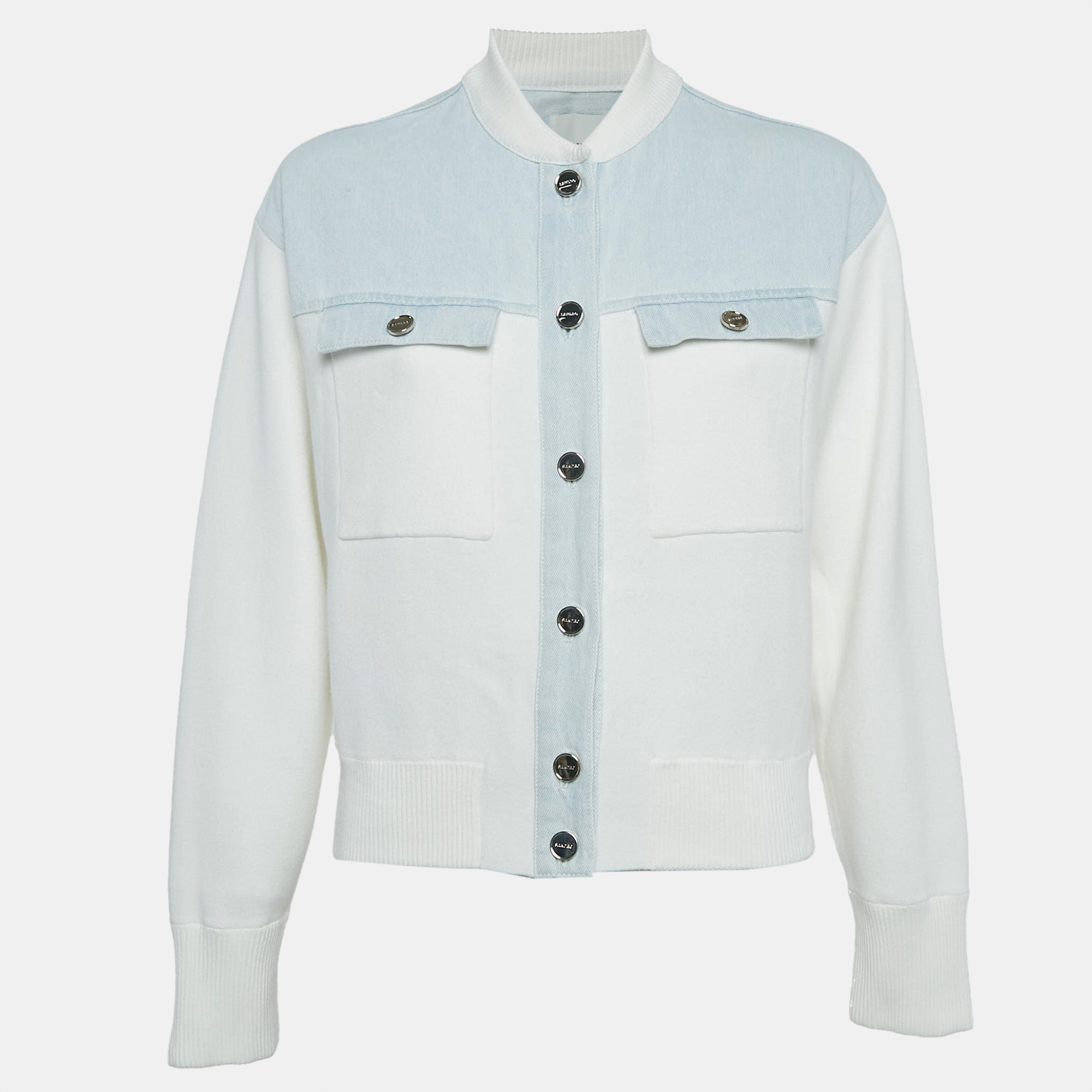 

Sandro White/Blue Denim Panelled Knit Bomber Jacket XS