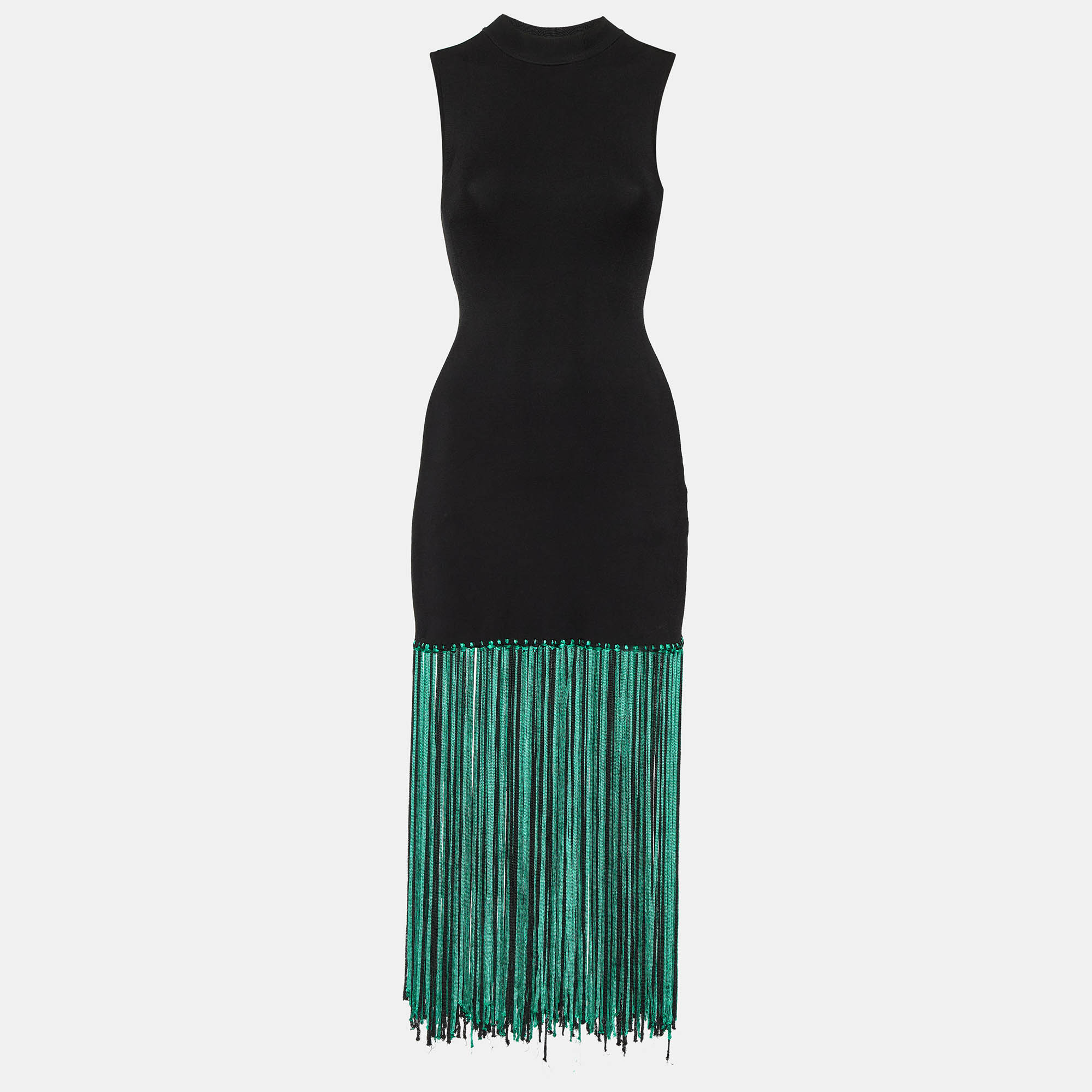 

Sandro Black Jersey Fringed Sleeveless Midi Dress XS