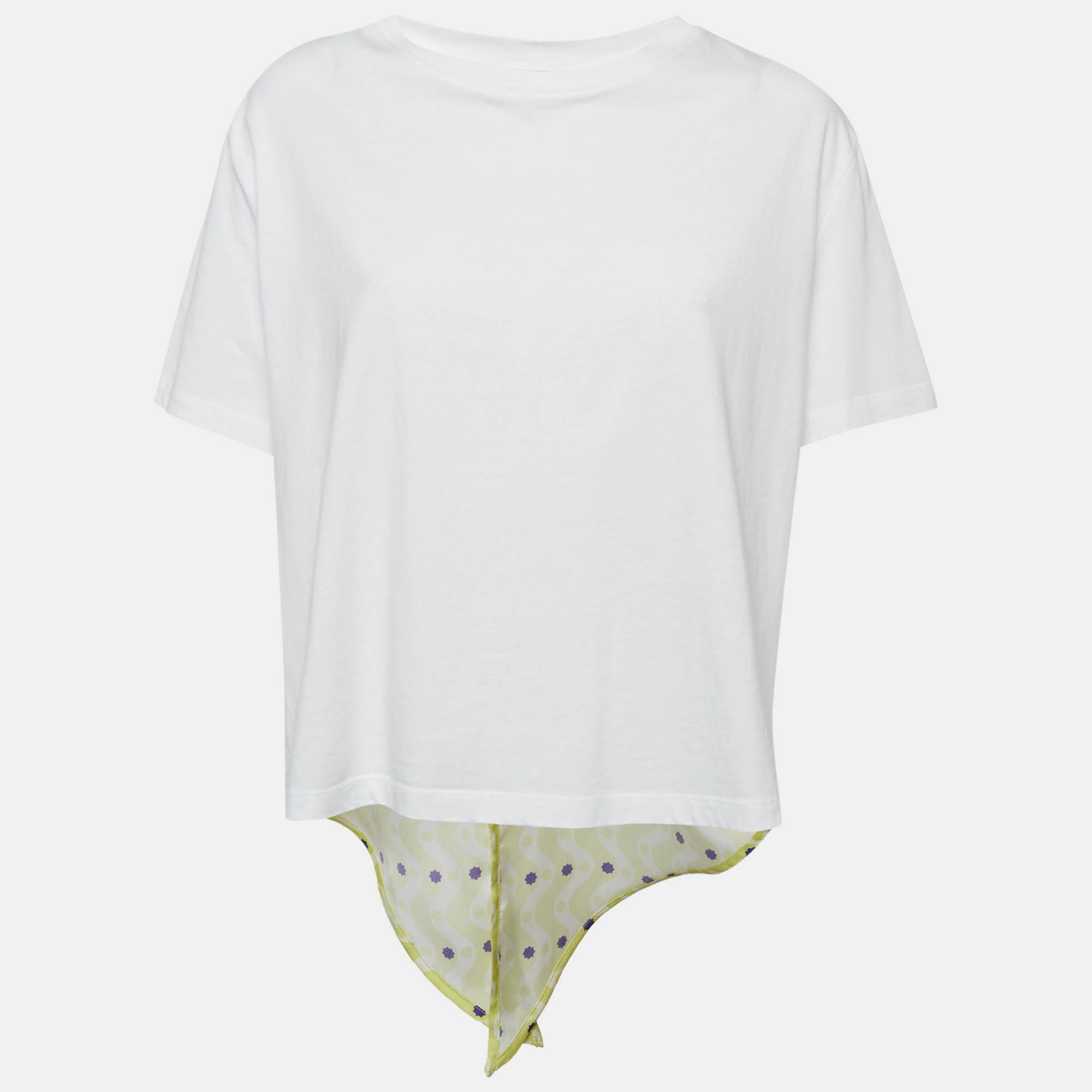 

Sandro x Louis Barthelemy White/Yellow Printed Cotton Knit and Satin Dimi Top M