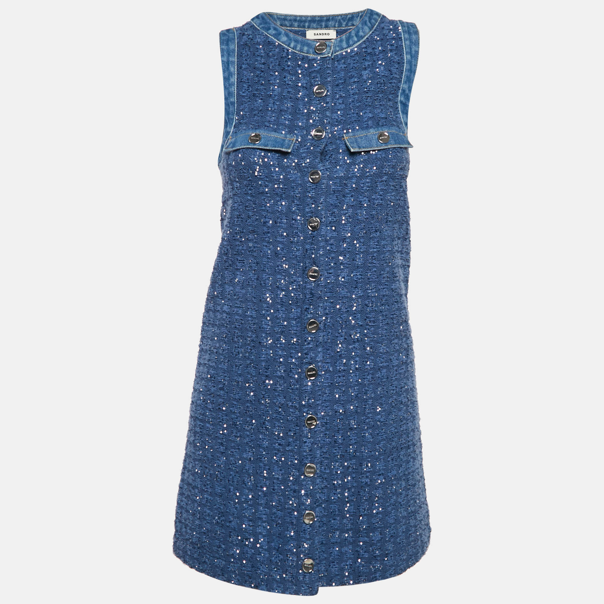 

Sandro Blue Sequin Tweed Buttoned Trapeze Mini Dress XS