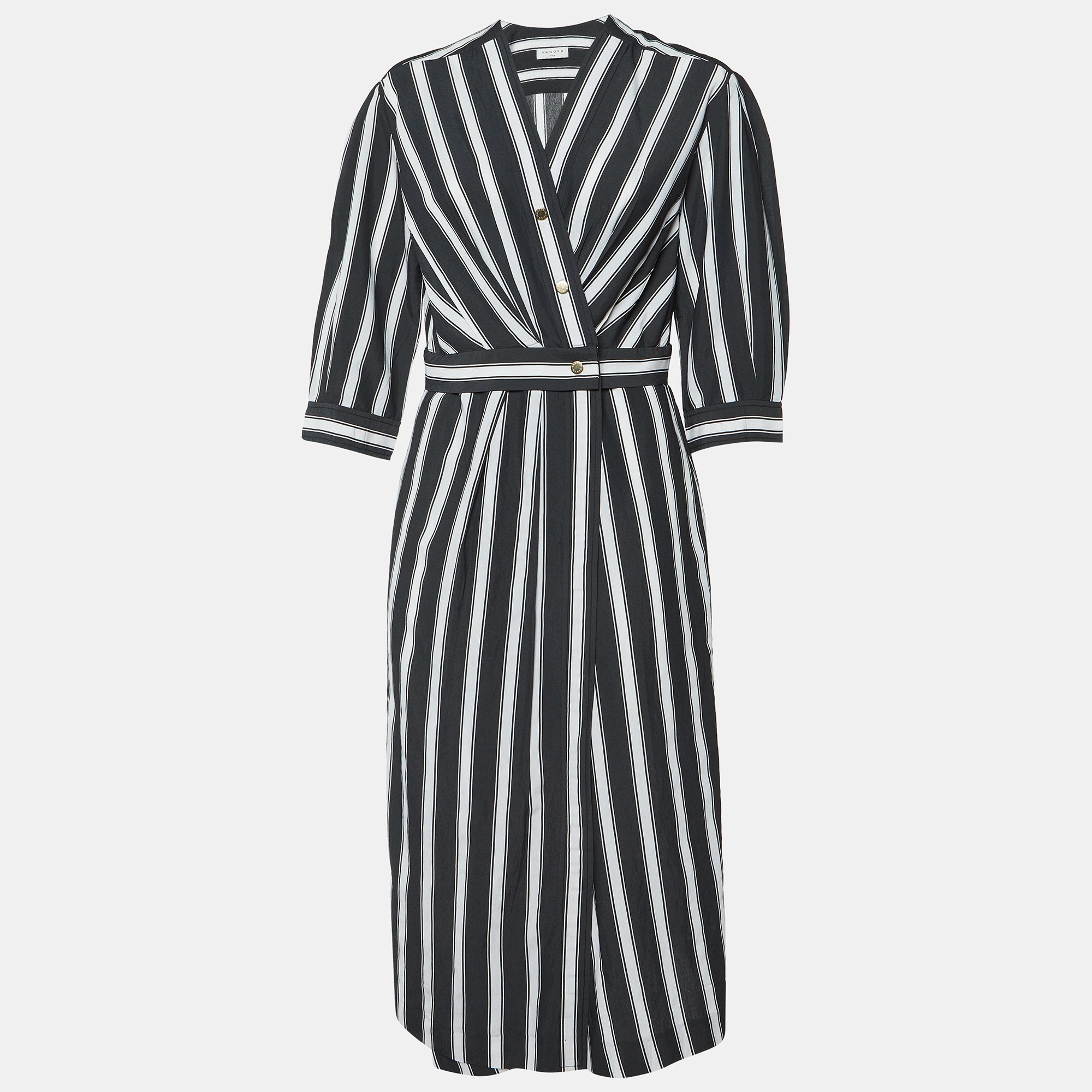 

Sandro Black/White Stripe Print Viscose Wrap Midi Dress L