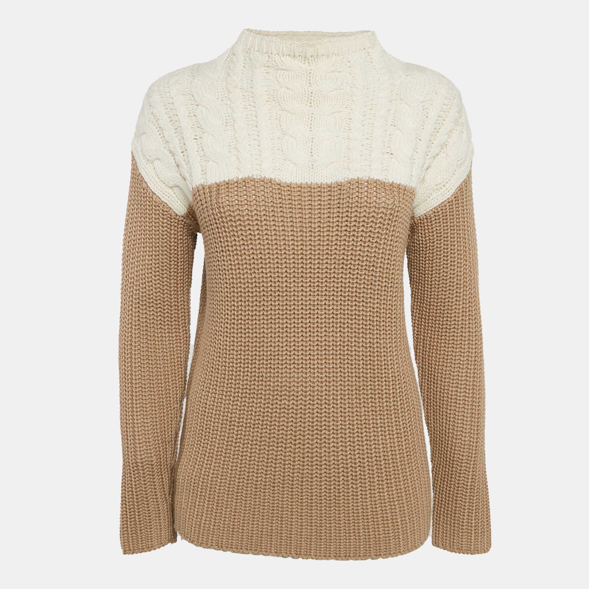 

Sandro Camel Brown/Cream Wool Blend and Cable Knit Sweater S