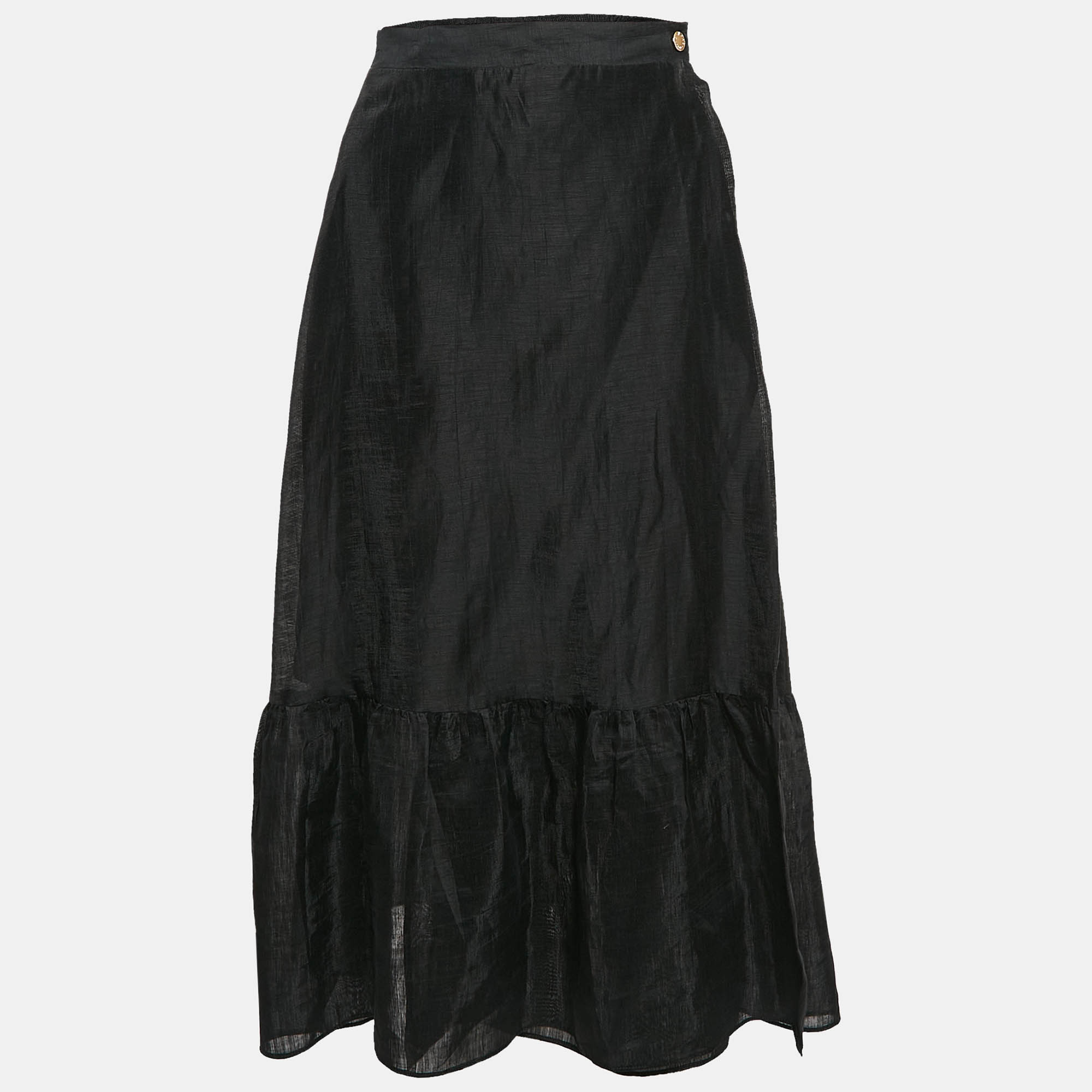 

Sandro Black Linen Blend Ruffled Midi Wrap Skirt M