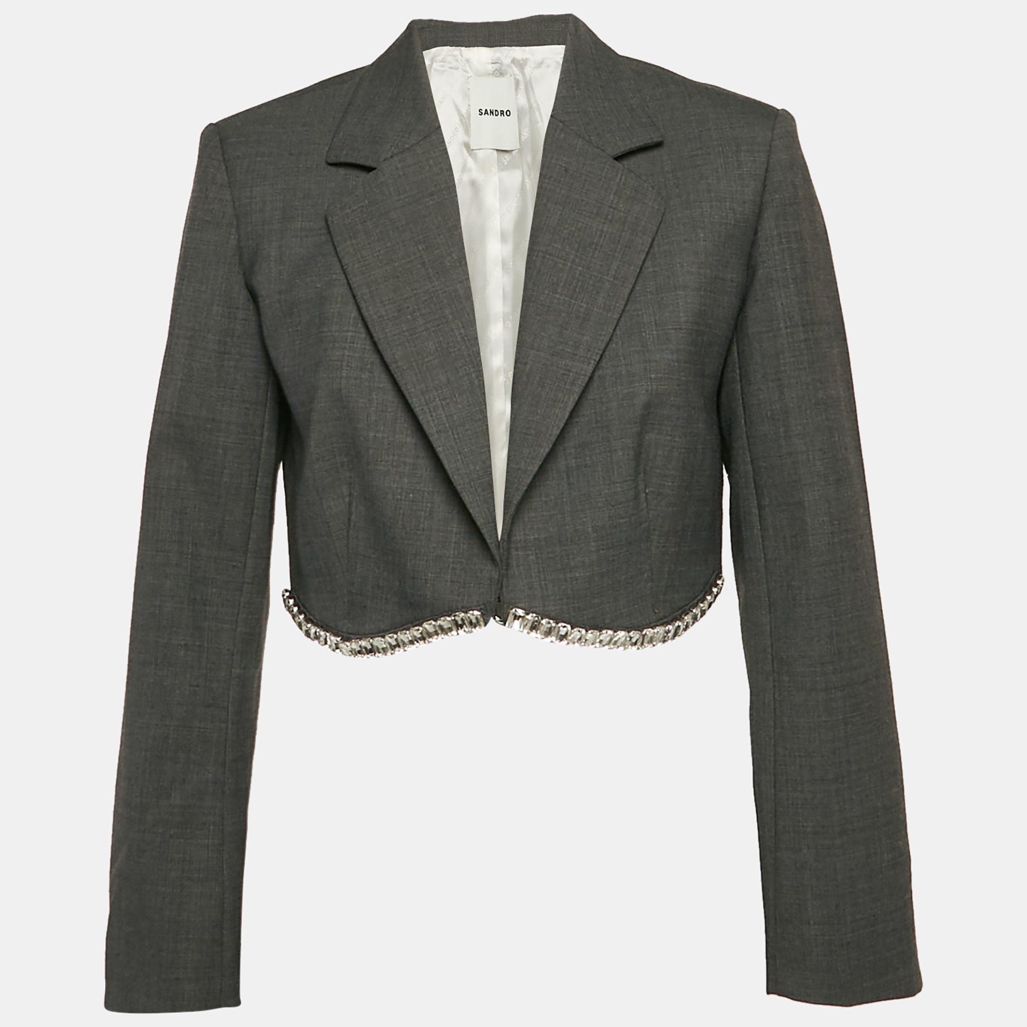 

Sandro Grey Crystal Embellished Wool-Blend Crop Blazer S