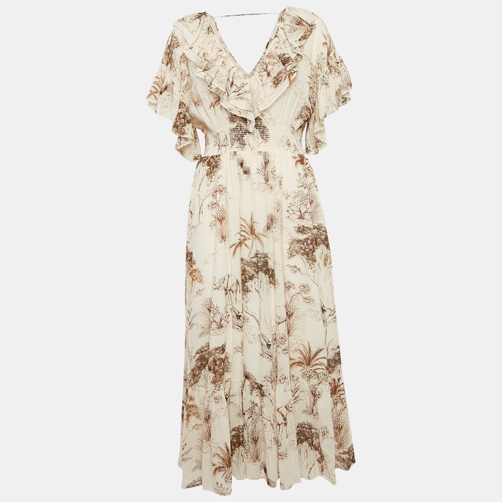 

Sandro Beige Printed Crepe Marro Ruffled Midi Dress M