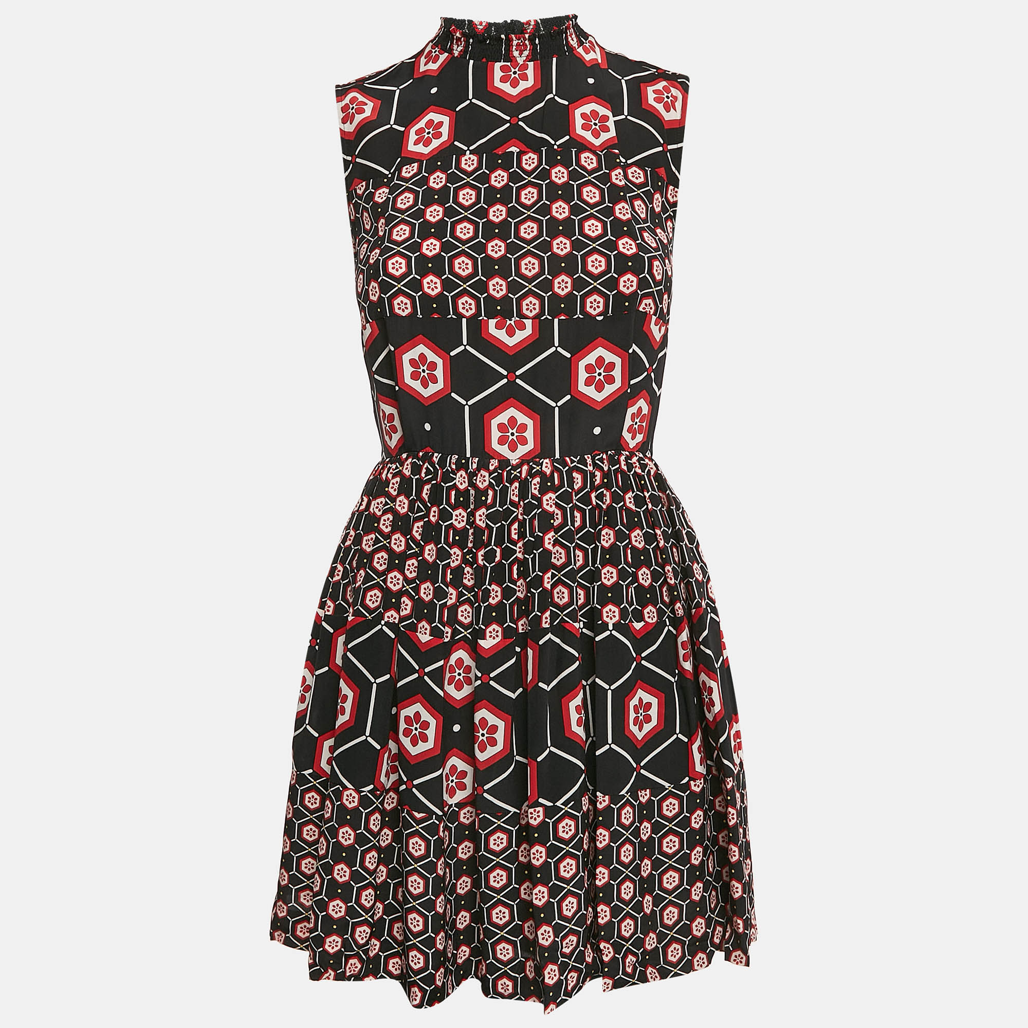 

Sandro Black Printed Silk Tiered Sleeveless Mini Dress S