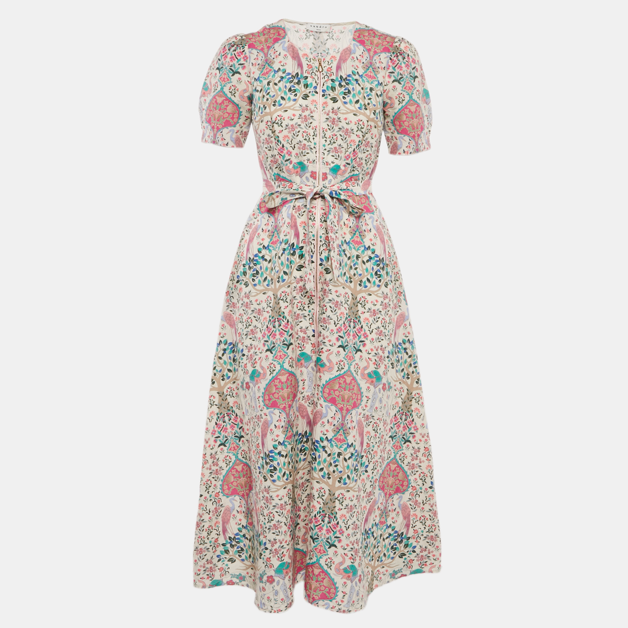 

Sandro White/Pink Irya Floral Print Linen Blend Midi Dress XS