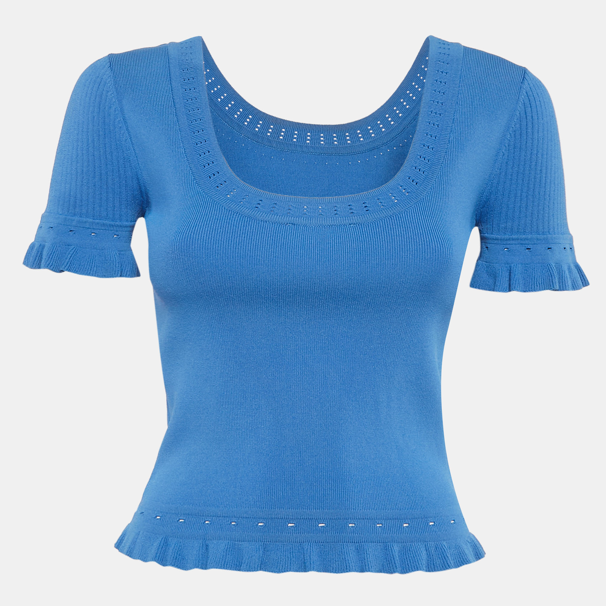 

Sandro Blue Stretch Knit Eyelet Quincy Top S