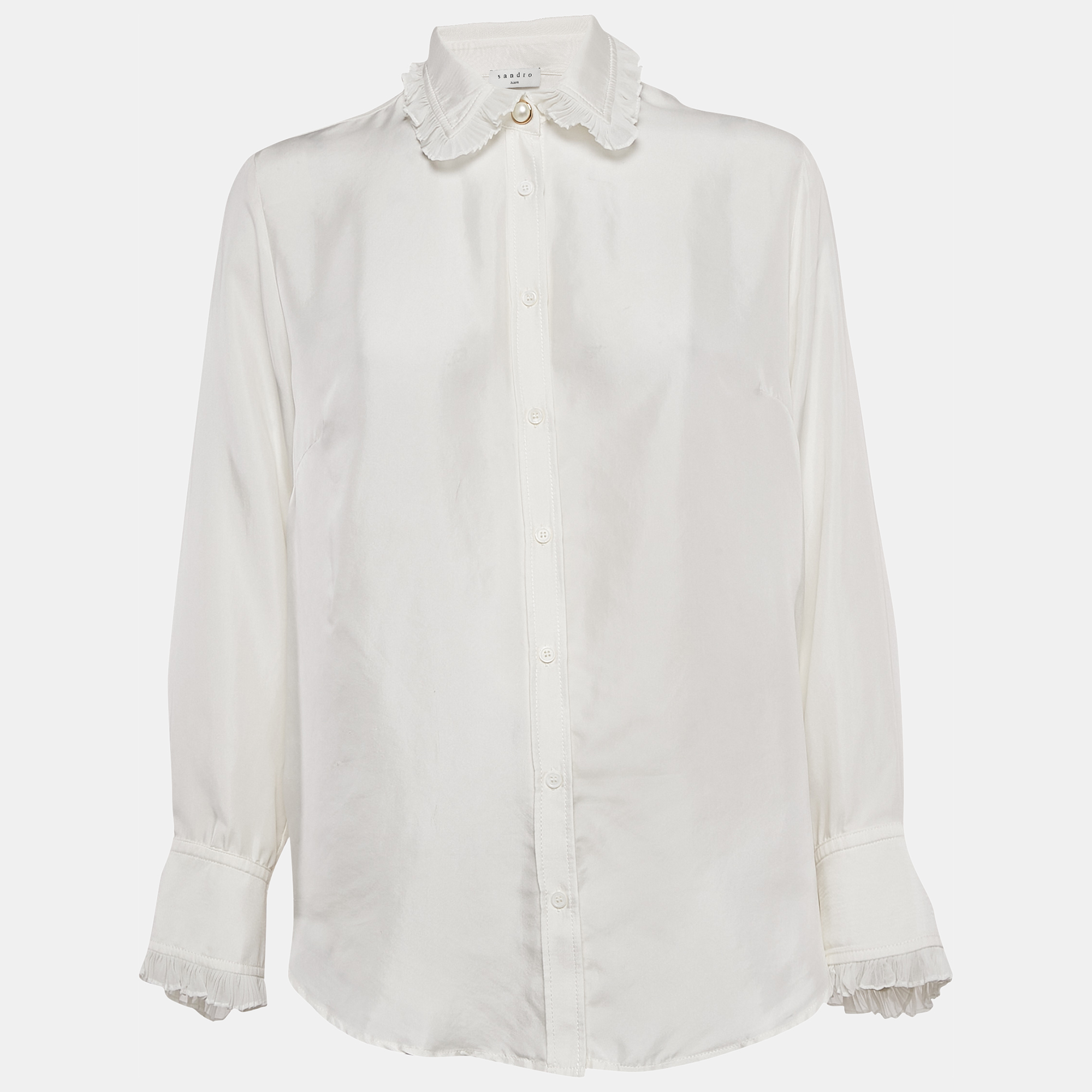 

Sandro White Silk Ruffled Button Front Blouse S