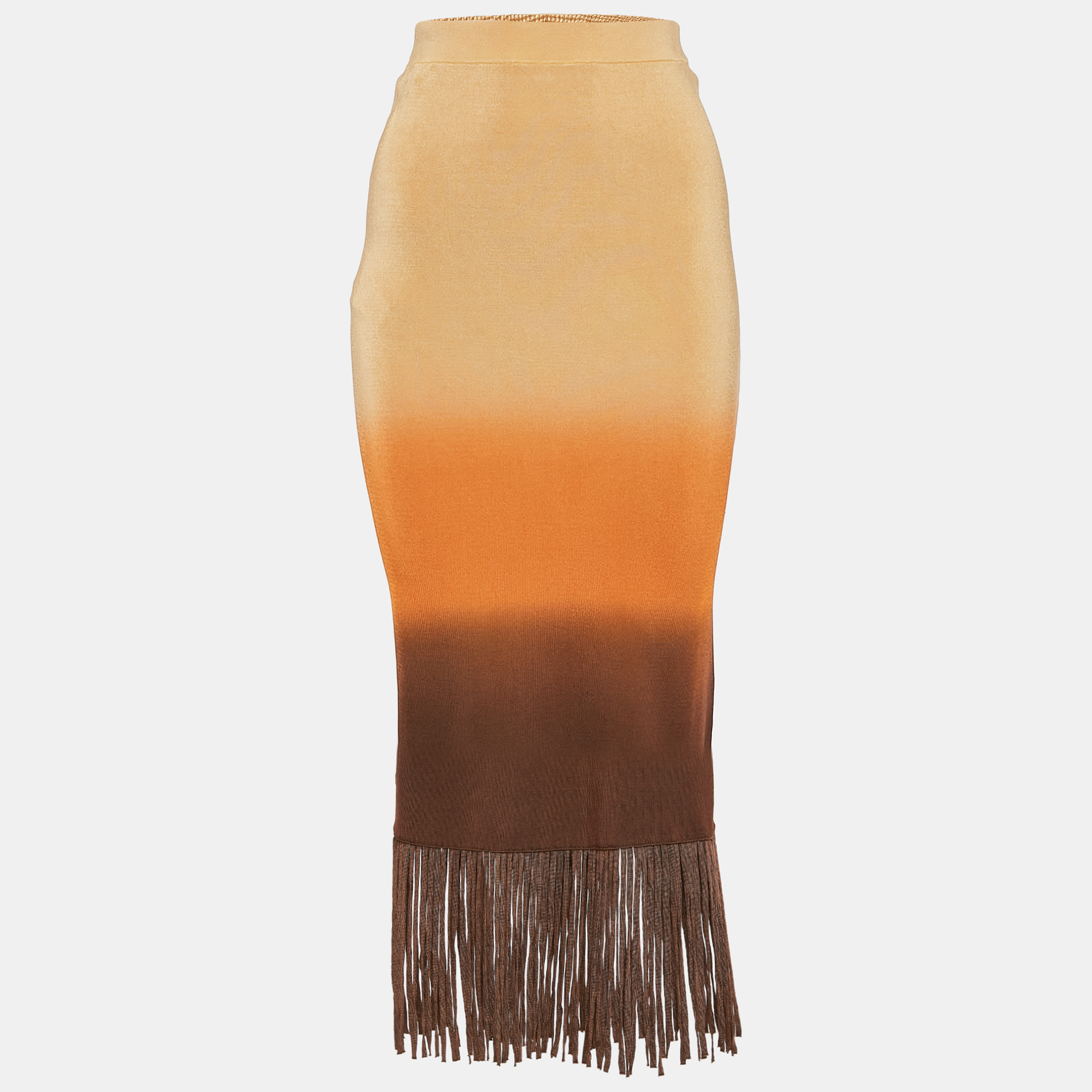 

Sandro Beige/Orange Ombre Stretch Knit Fringed Midi Skirt S