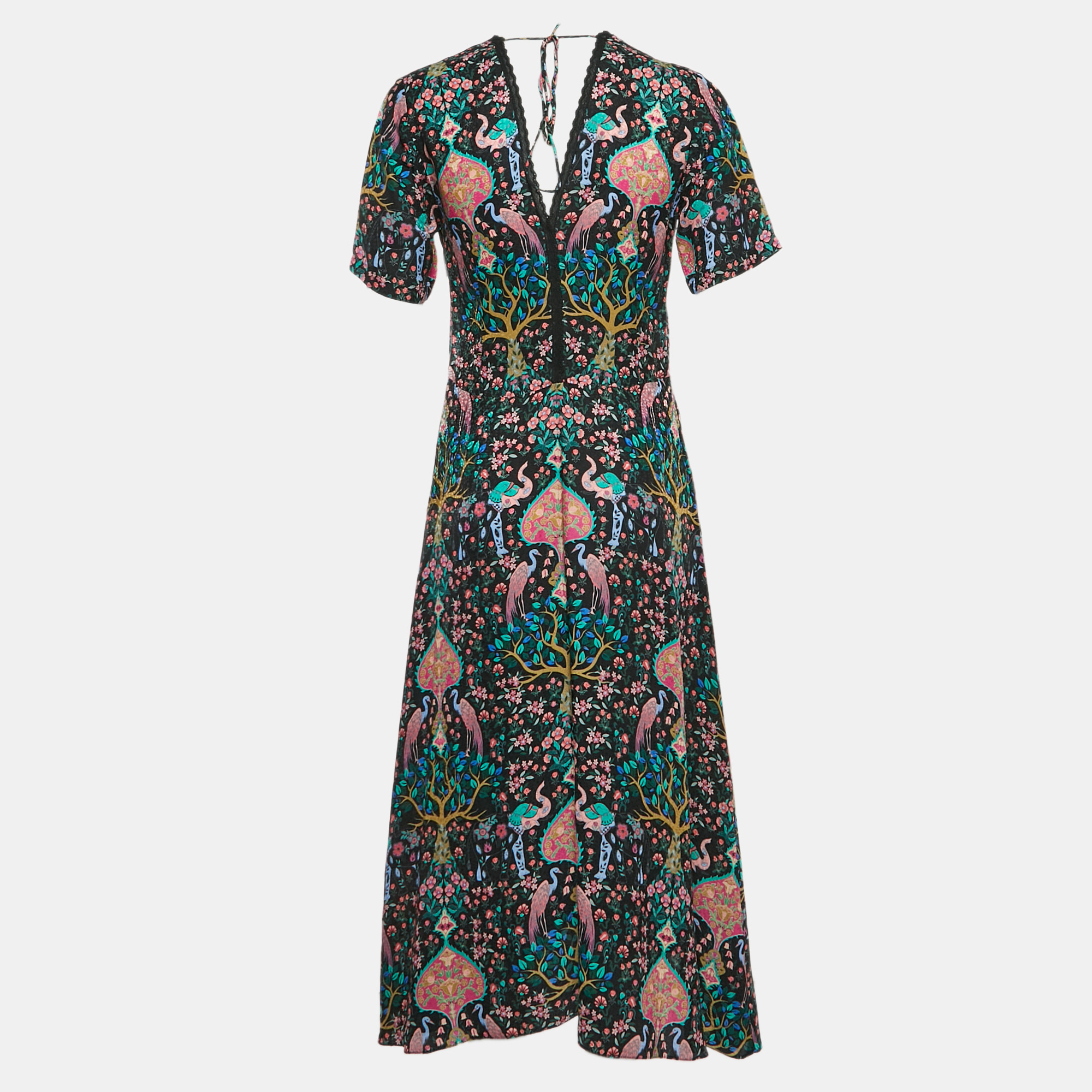 Sandro Multicolor Printed Crepe Jacquard Lace Trim Detail Midi Dress S 