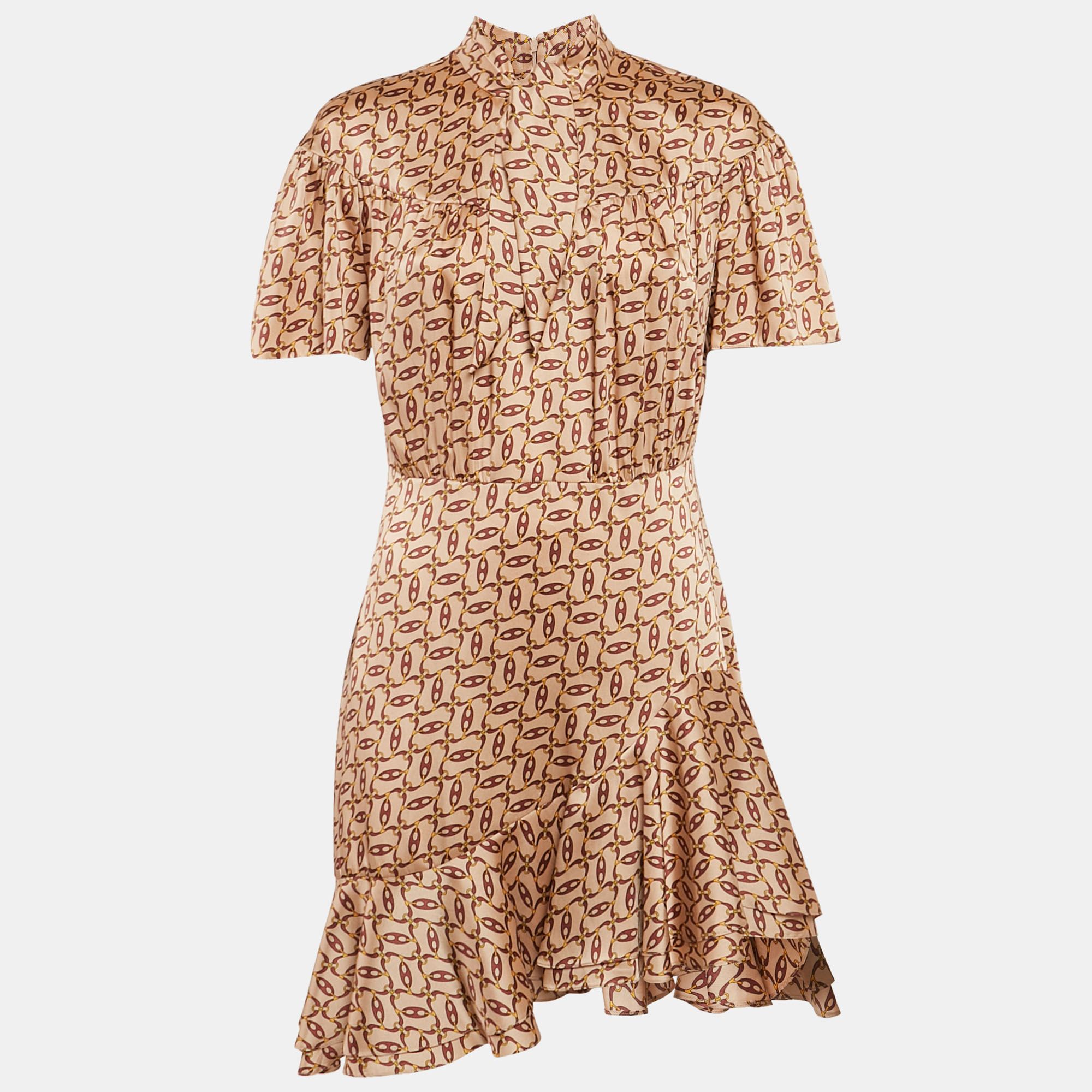 

Sandro Caramel Brown Printed Satin Flounce Mini Dress L