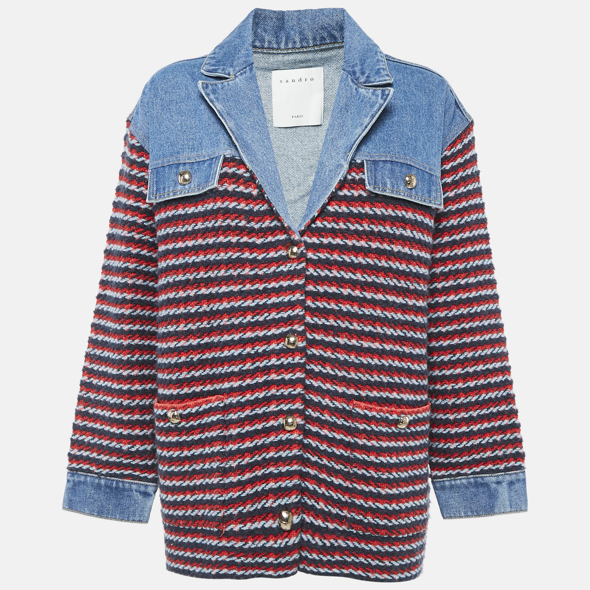 

Sandro Blue/Multicolor Denim and Patterned Knit Button Front Jacket M