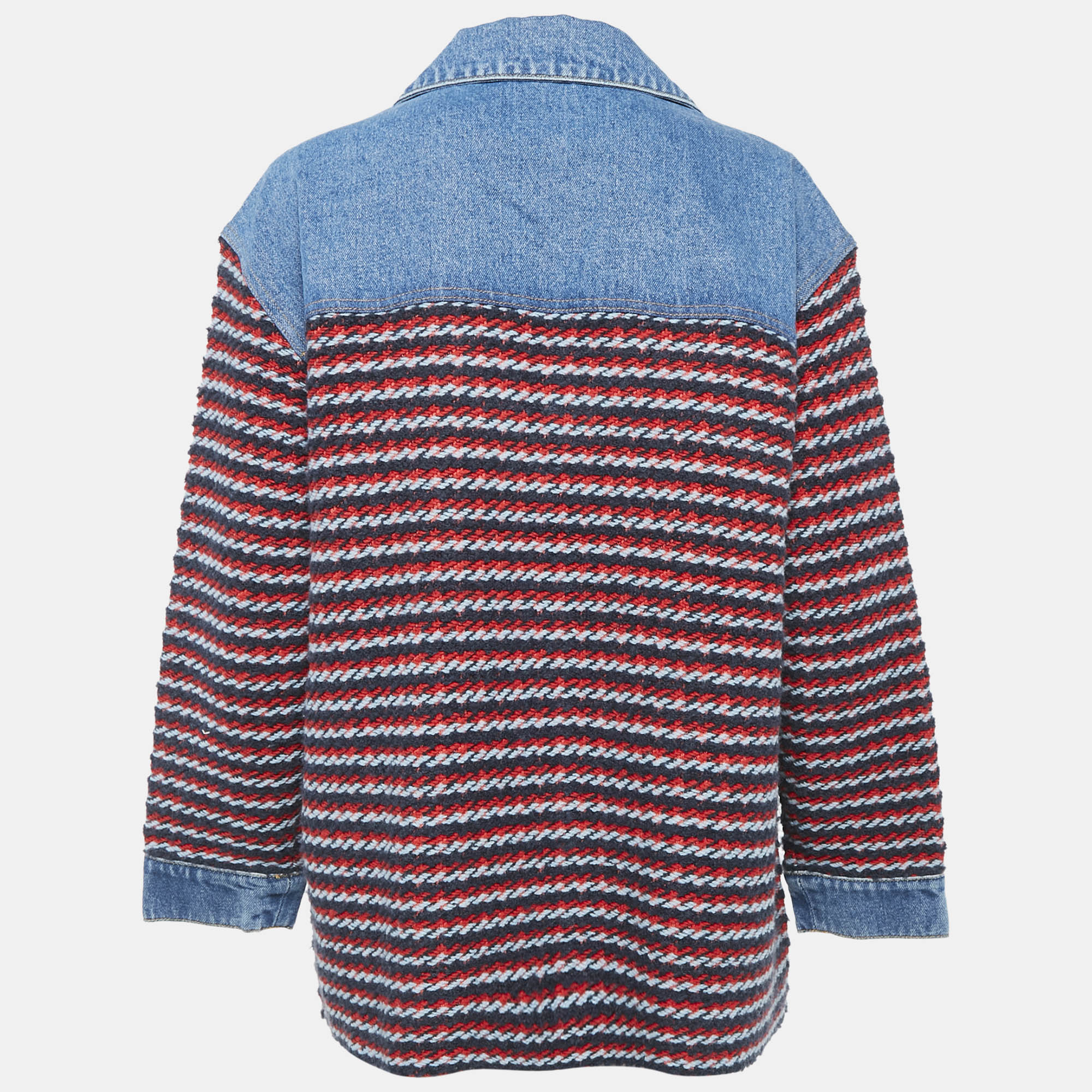 Sandro Blue/Multicolor Denim and Patterned Knit Button Front Jacket M 