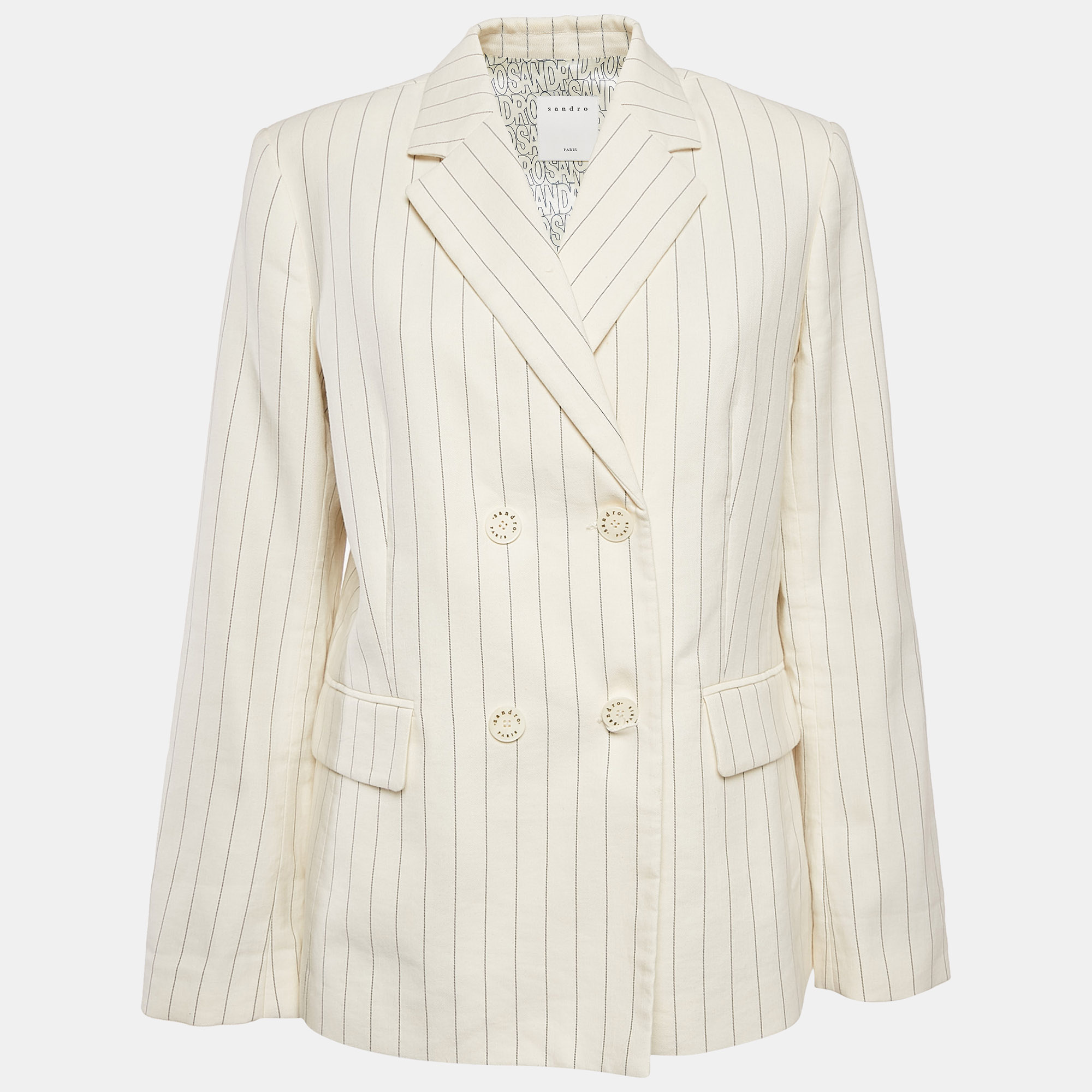 

Sandro Off-White Striped Cotton Blend Double Breasted Blazer XL