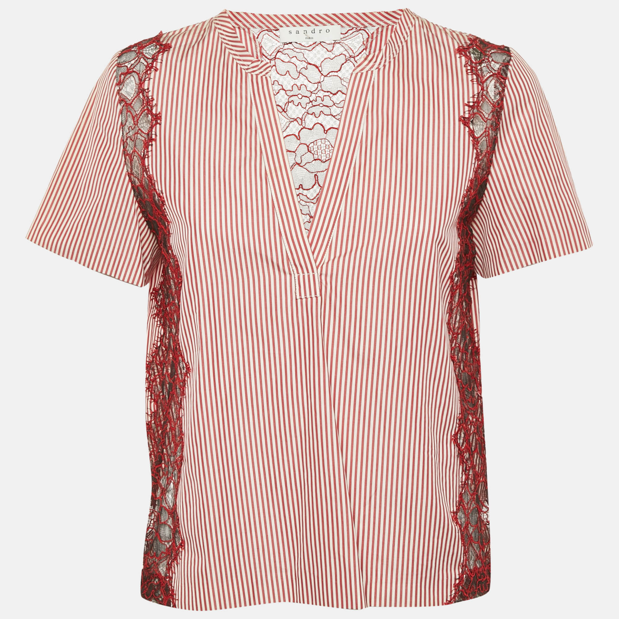 

Sandro Red Stripe Cotton Lace Trimmed Top S