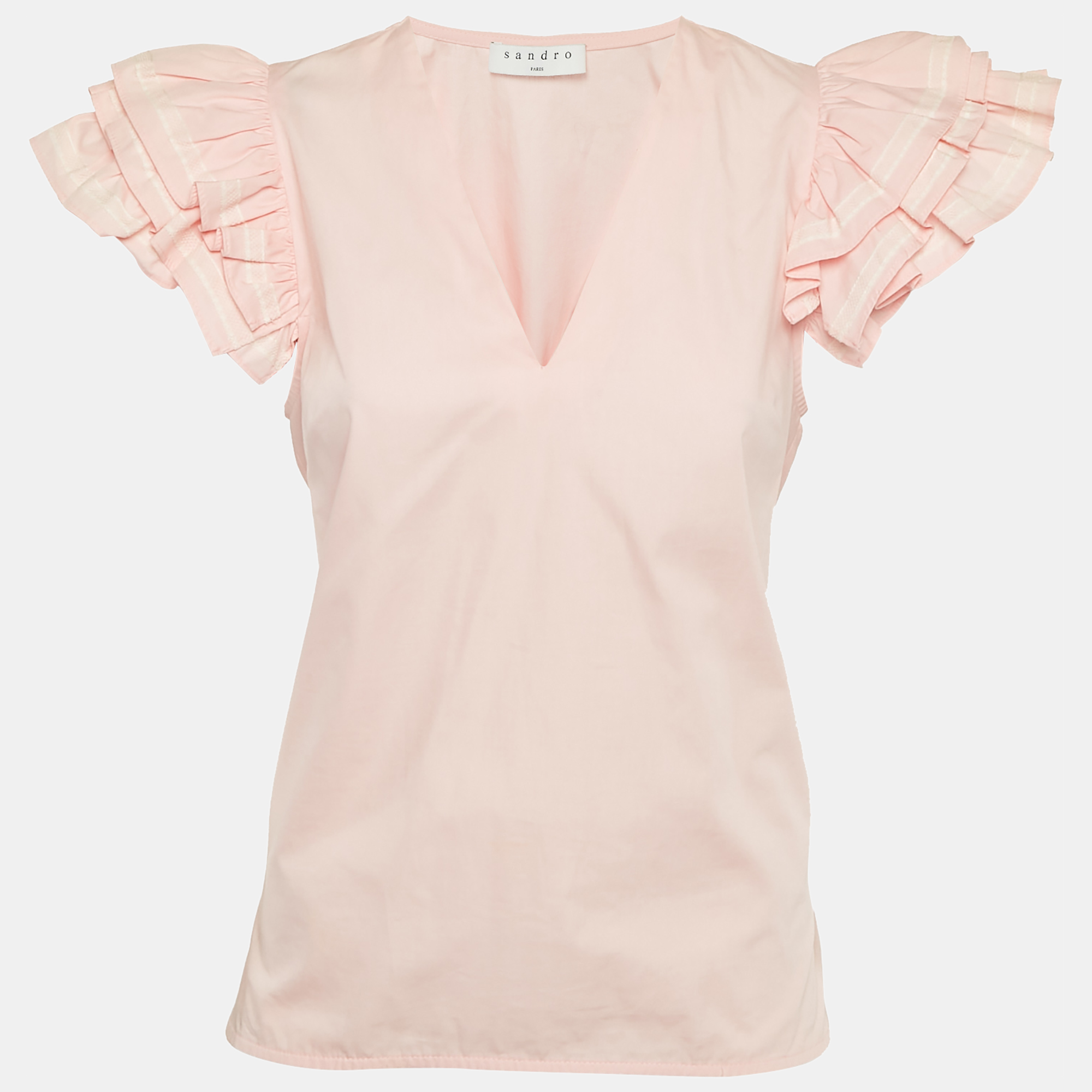 

Sandro Pink Cotton Ruffled V-Neck Top S