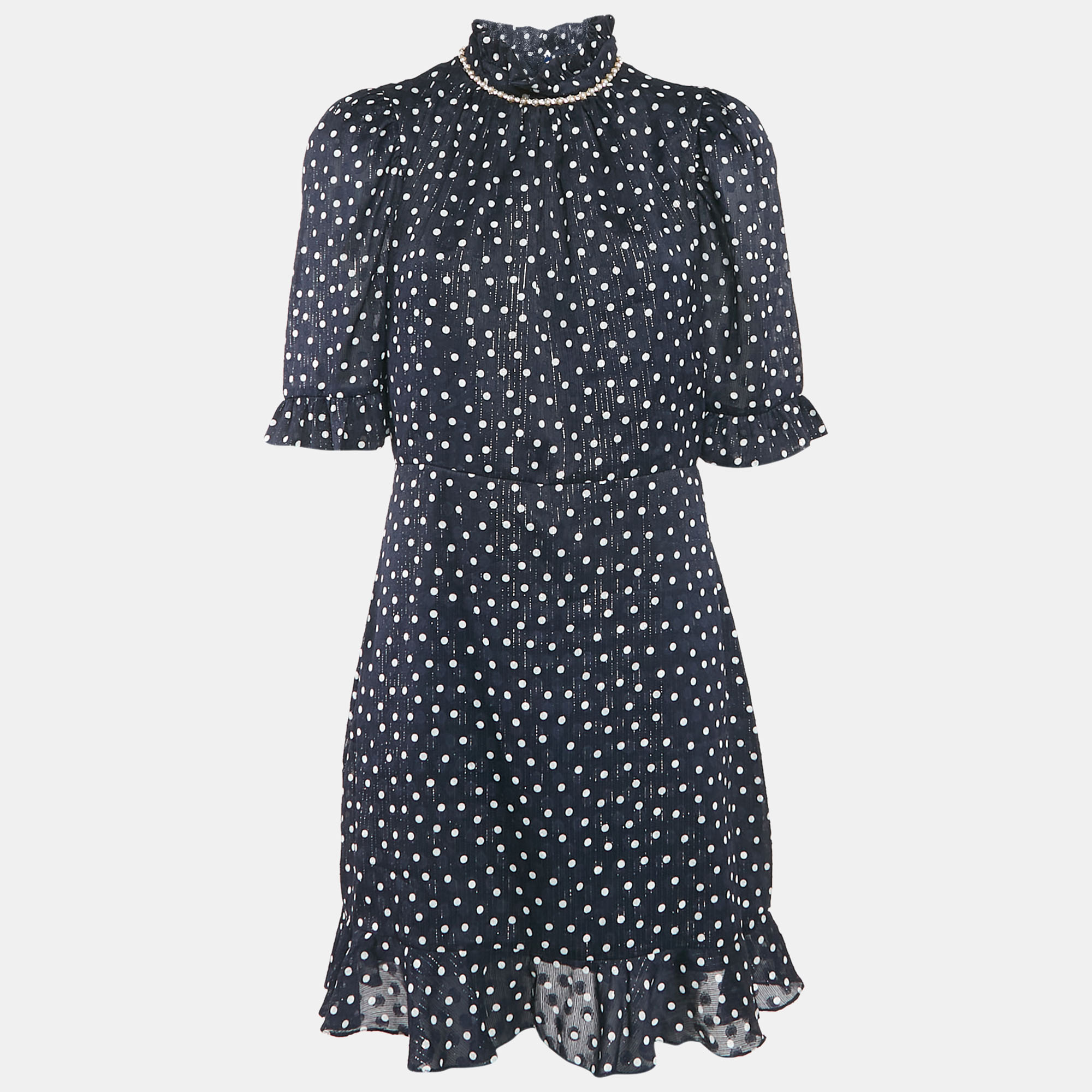 

Sandro Navy Blue Polka Dots Lurex Chiffon Short Dress XL