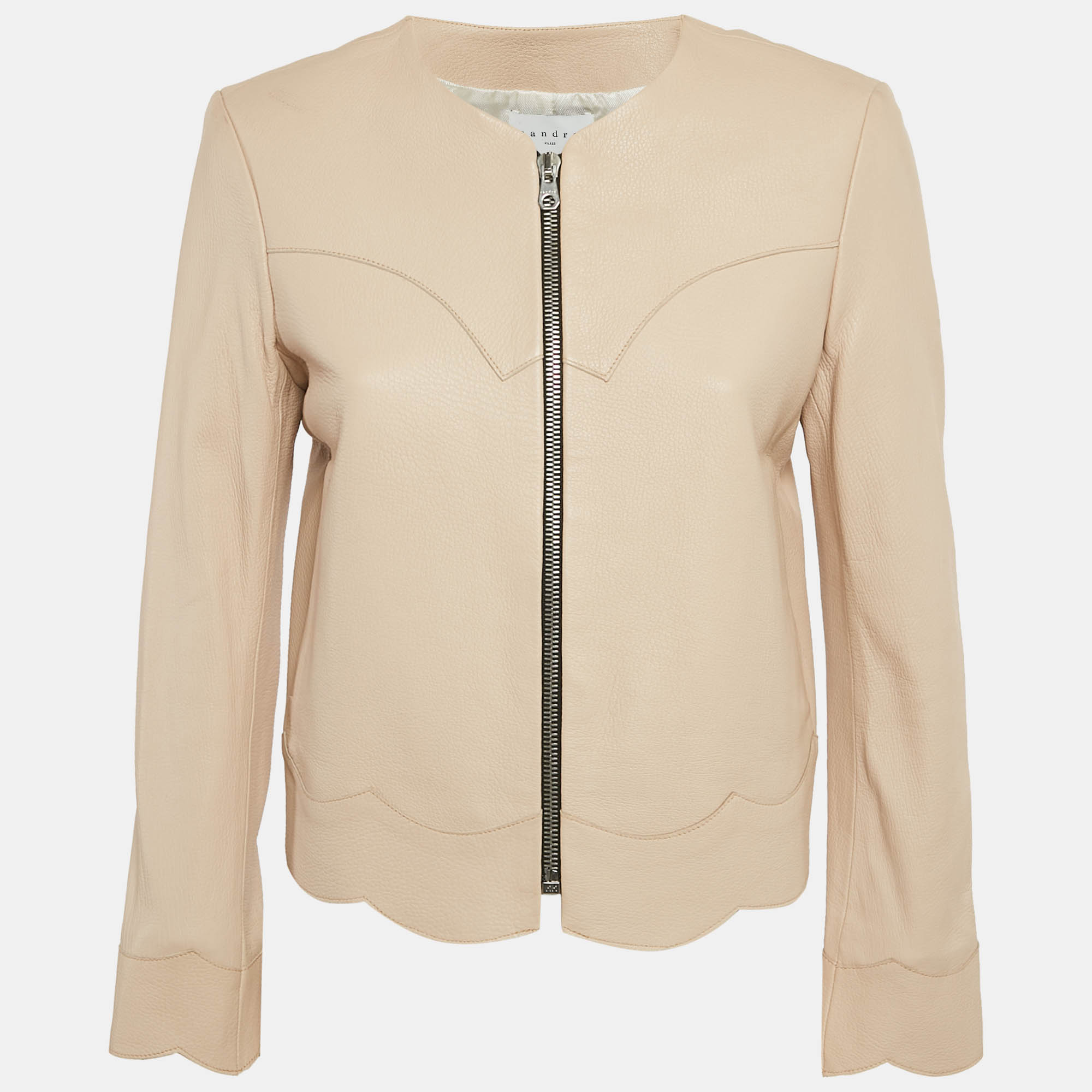 

Sandro Beige Leather Zip-Up Jacket M