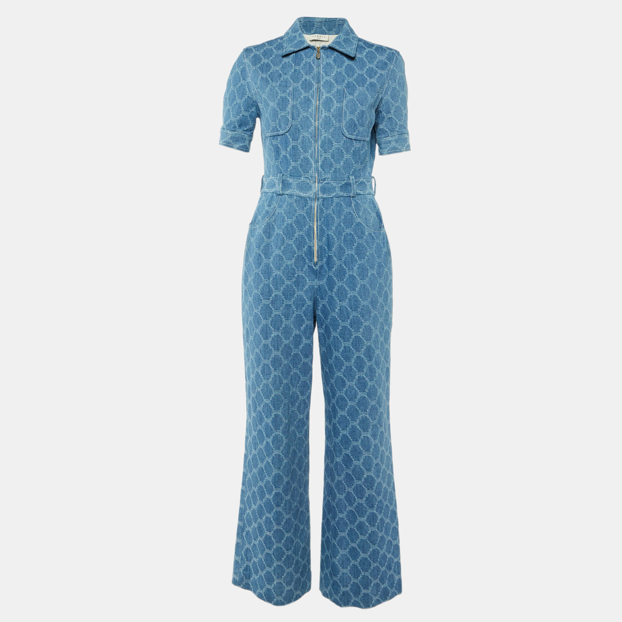 

Sandro Blue Beehive Jacquard Denim Zip Up Jumpsuit M