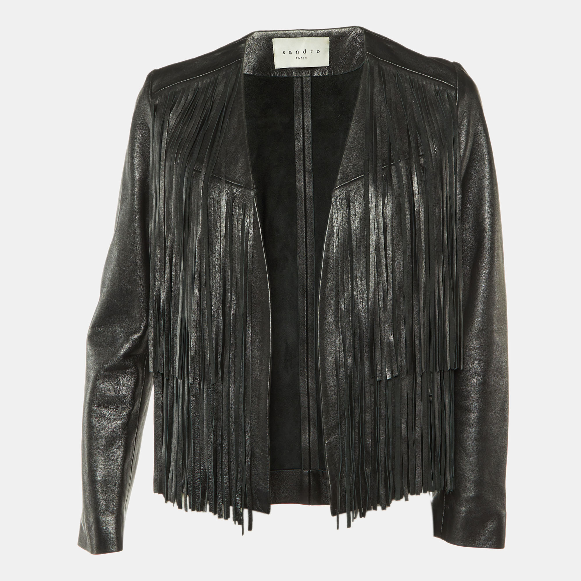 

Sandro Black Leather Fringed Open Front Jacket L