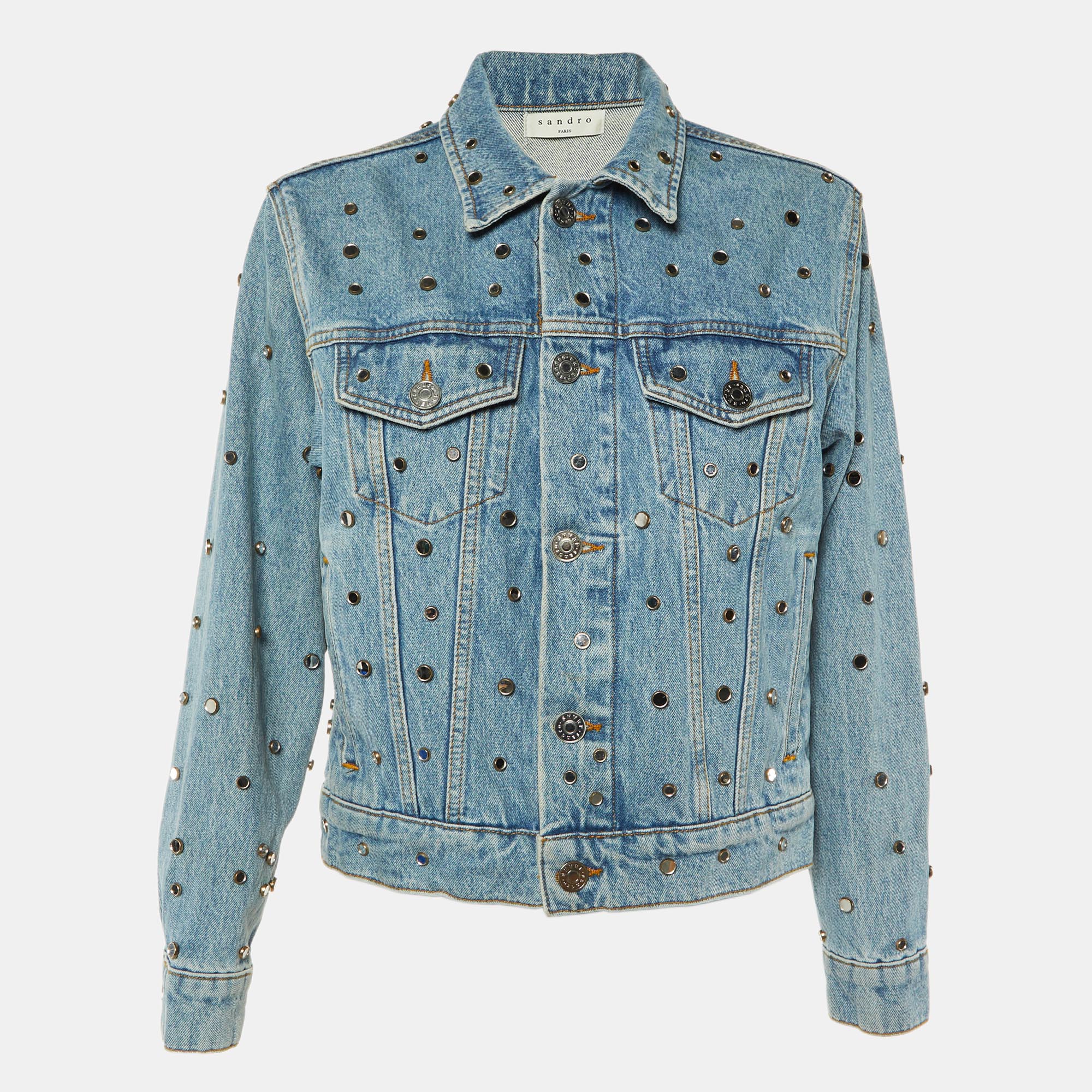 

Sandro Blue Denim Mirror Studded Button Front Jacket S