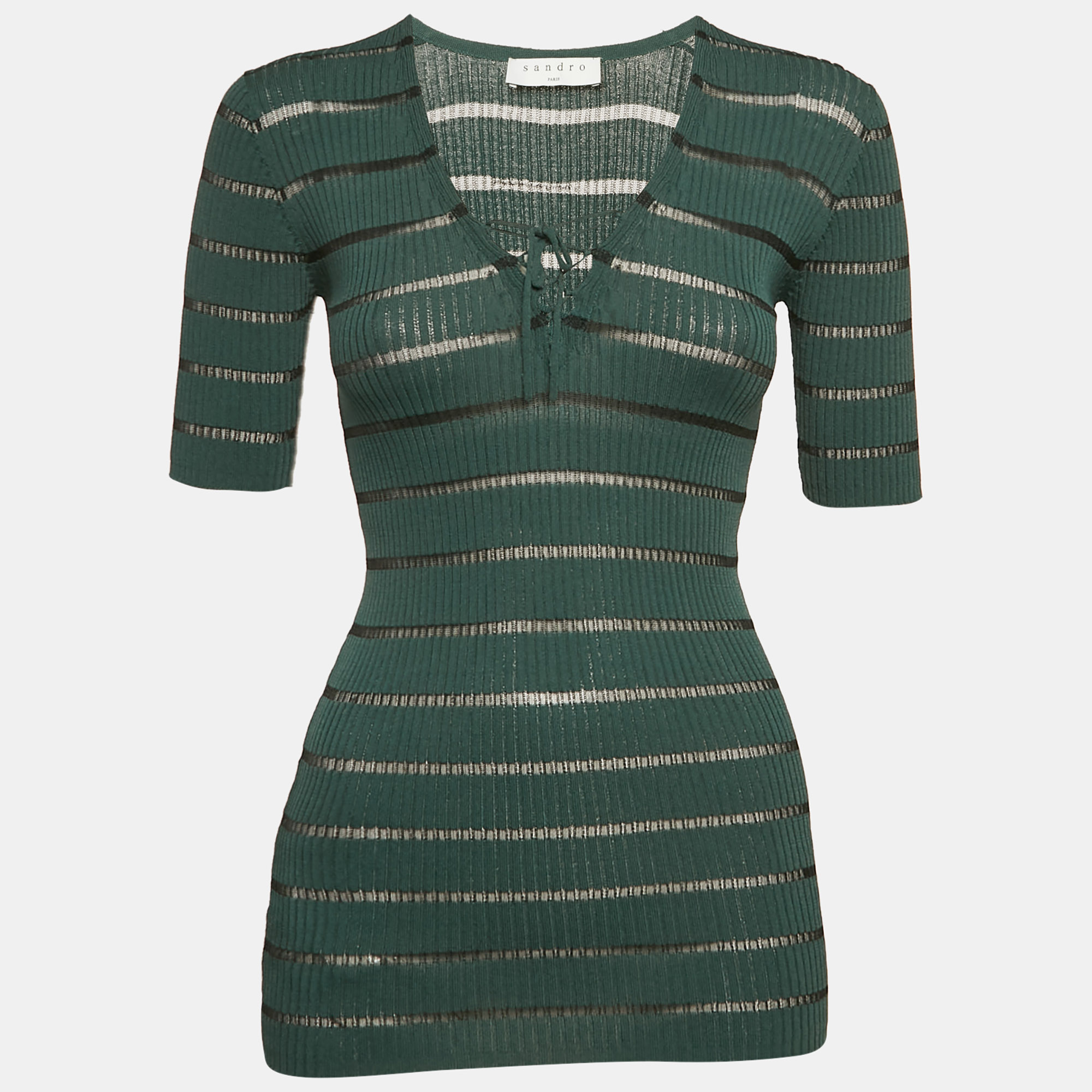 

Sandro Green Striped Rib Knit Lace-Up Top S