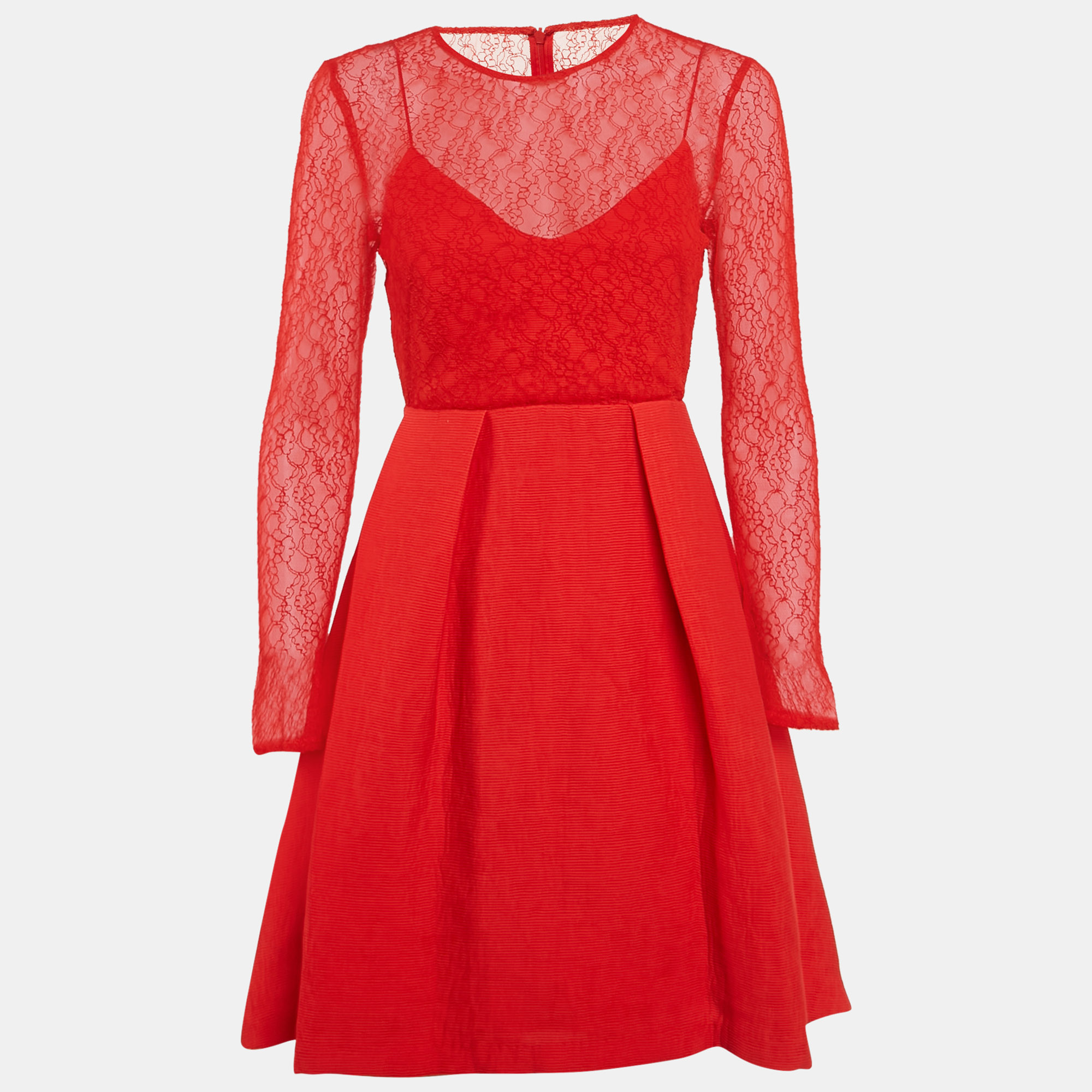 

Sandro Red Lace and Textured Crepe Pleated Mini Dress XS