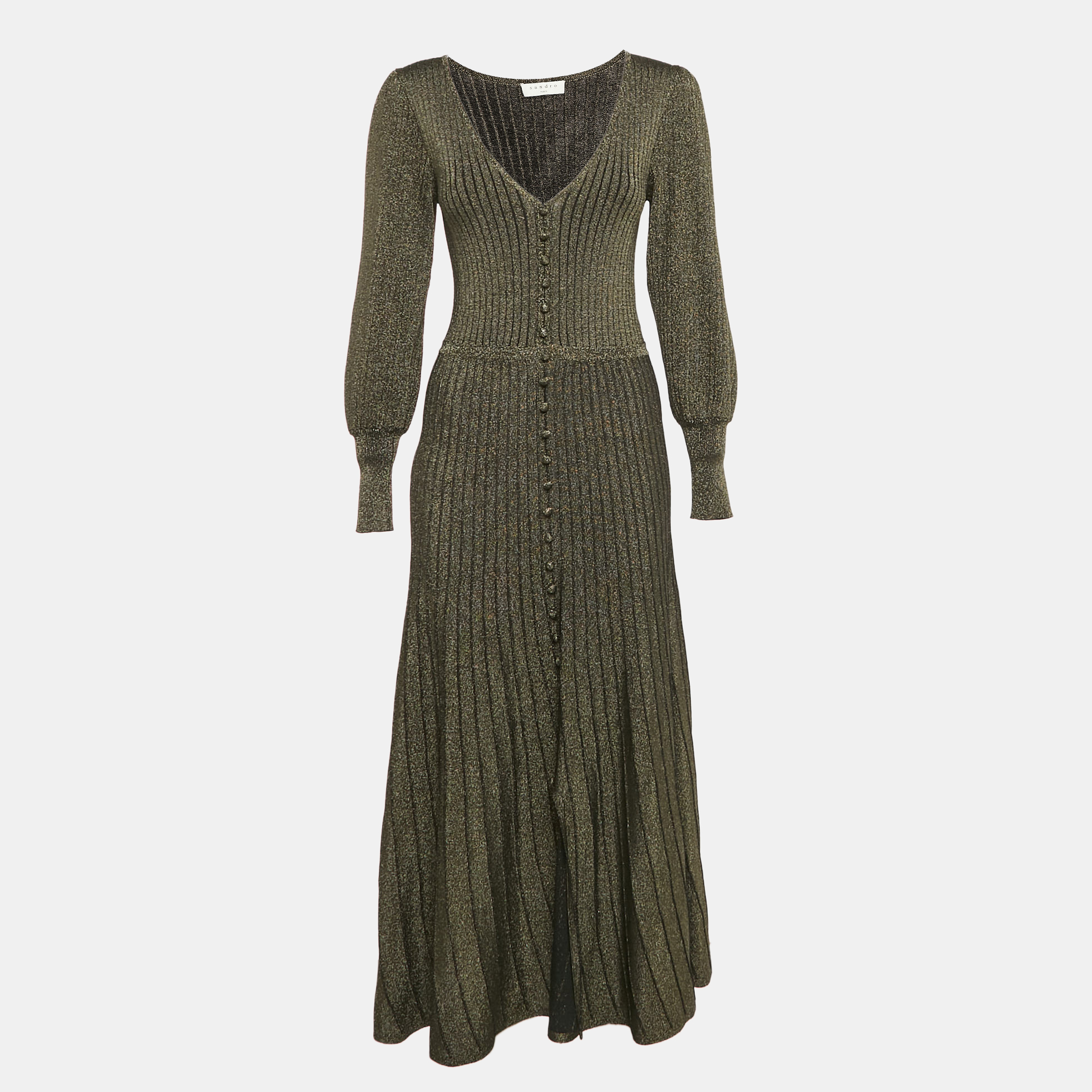 

Sandro Metallic Lurex Knit V-Neck Midi Dress M