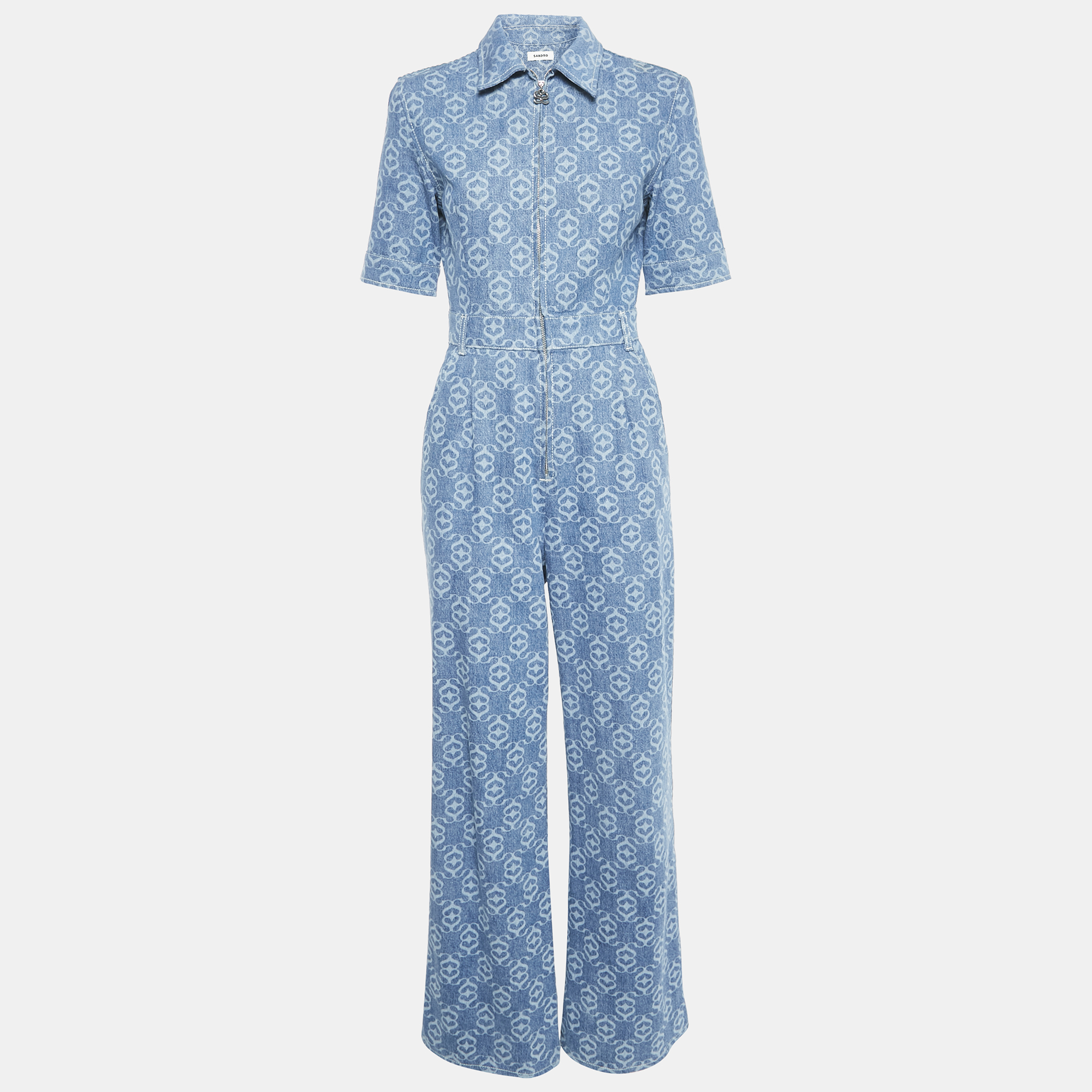 

Sandro Blue Monogram Print Denim Jumpsuit S
