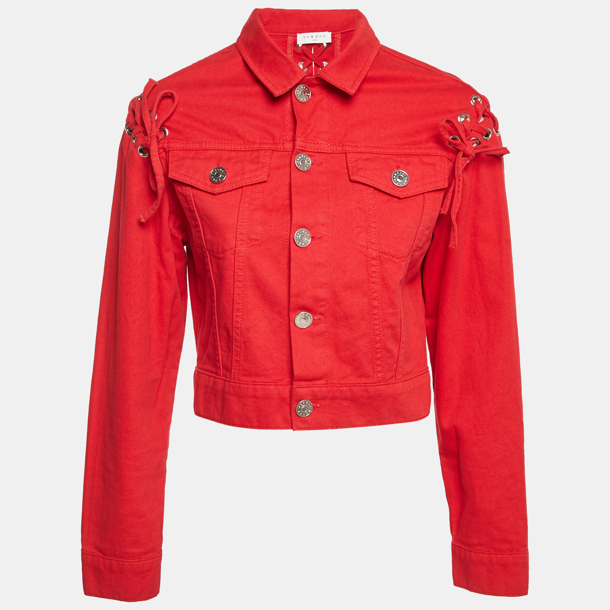 

Sandro Red Denim Button Front Lace-Up Detail Jacket M