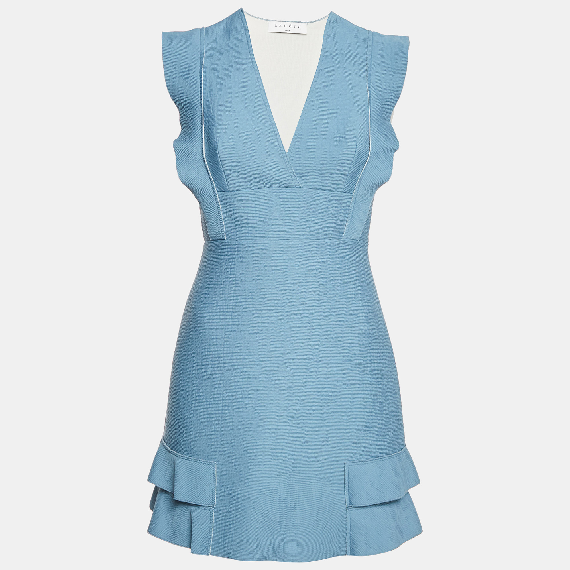 

Sandro Blue Textured Pattern Ruffled Sleeveless Mini Dress M
